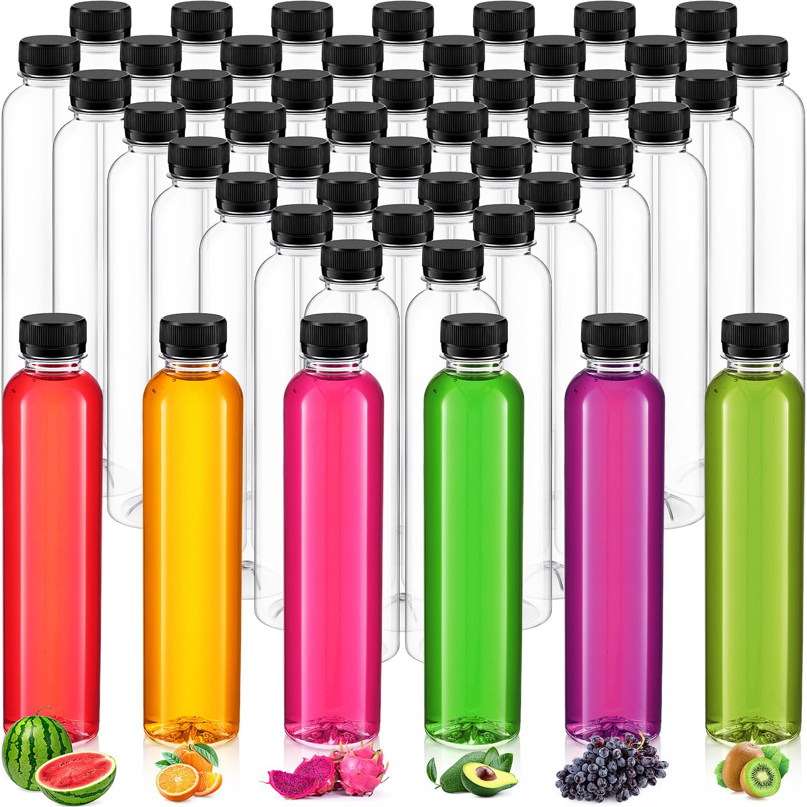 Dandat 50 Pcs 14 oz Plastic Juice Bottles with Caps Clear Reusable Water Bottle Bulk Empty Drink Containers Round Beverage Bottles for Juicing Smoothies Drinking Beverages Fridge