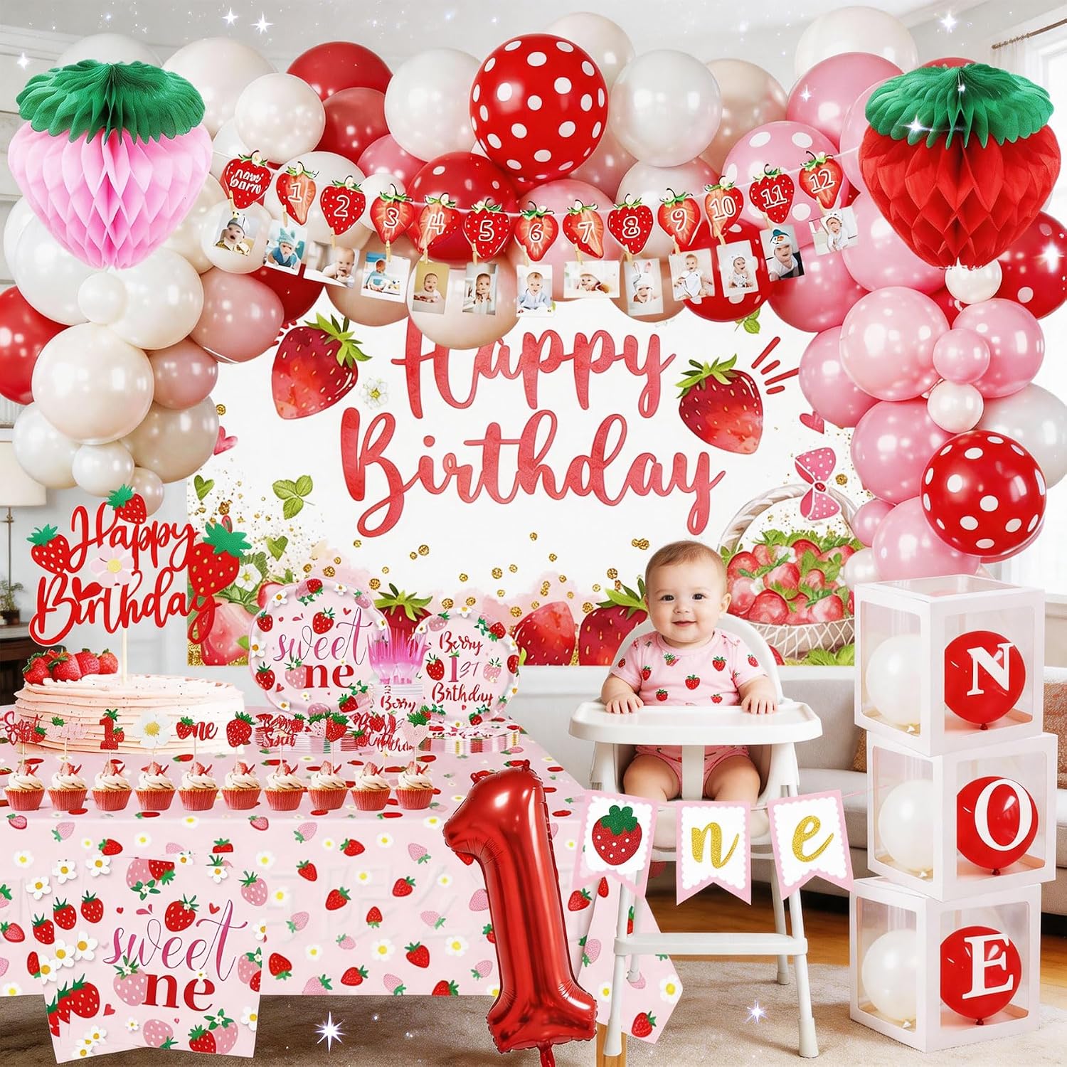 271PCS Berry First Birthday Decorations,Strawberry Birthday Decorations with Balloon Arch Happy Birthday Banner Cake Topper Backdrop Tableware Sets for Girls Party Supplies image 5