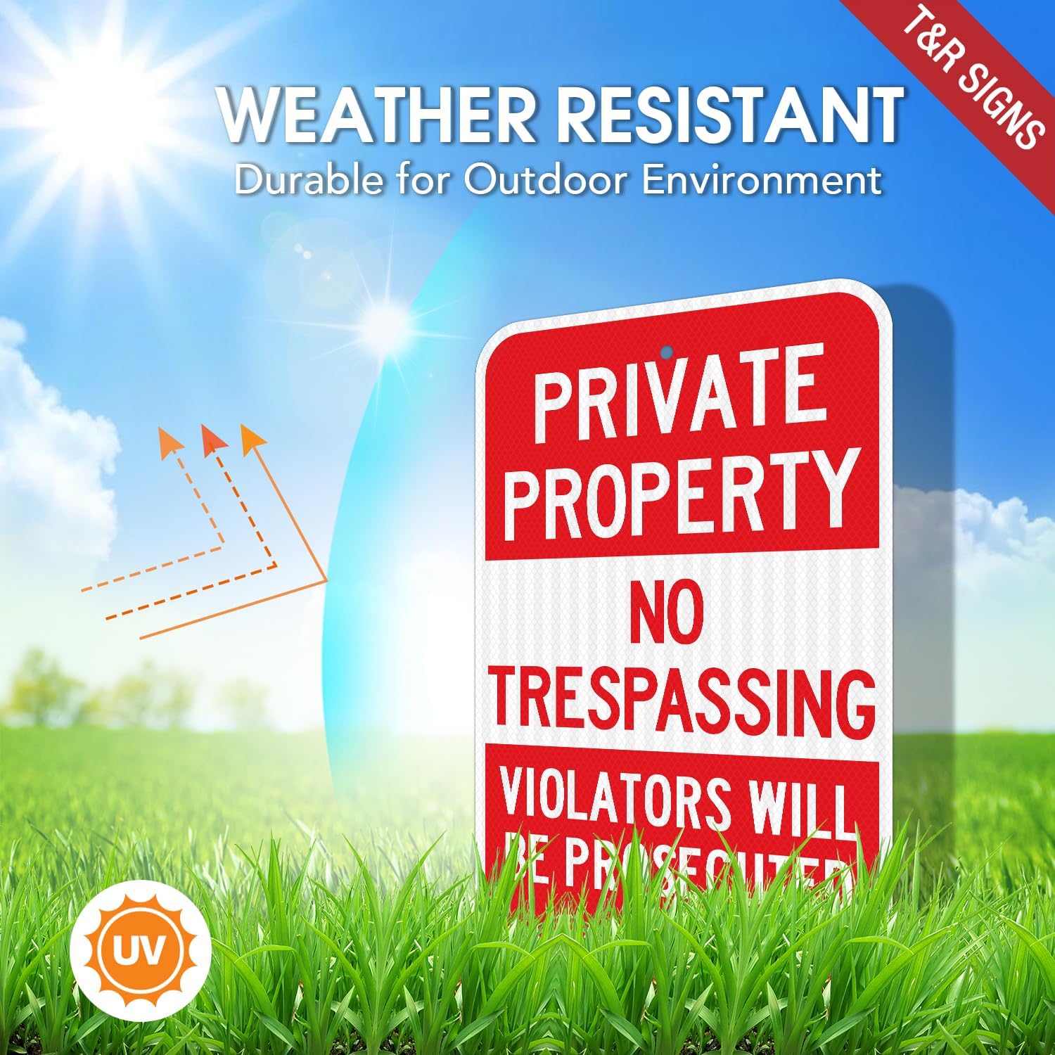 T&R (2 Pack) Large Private Property No Trespassing Sign, 18" x 12" Engineer Grade Reflective Sheeting, Rust Free Aluminum, Weather Resistant, Waterproof, Fade Resistant, 2 Pre-drilled Holes