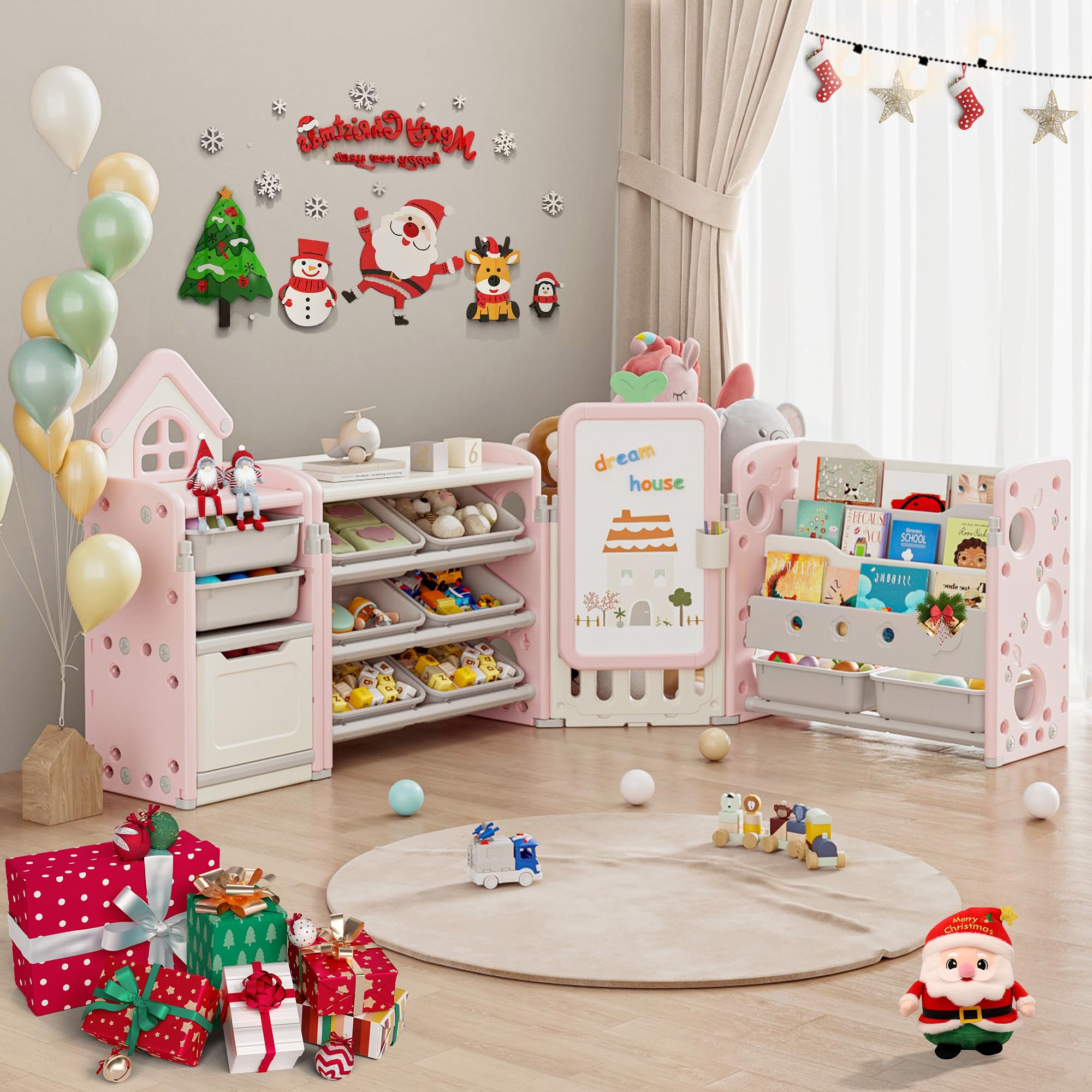 Kids Toy Storage Organizer with 10 Removable Bins, Foldable Toy Organizers and Storage with 3-Tier Bookshelf for Kids Toy Storage Organizer with Drawing Board, Extra 3 Brushes (4 In 1 Light Pink)