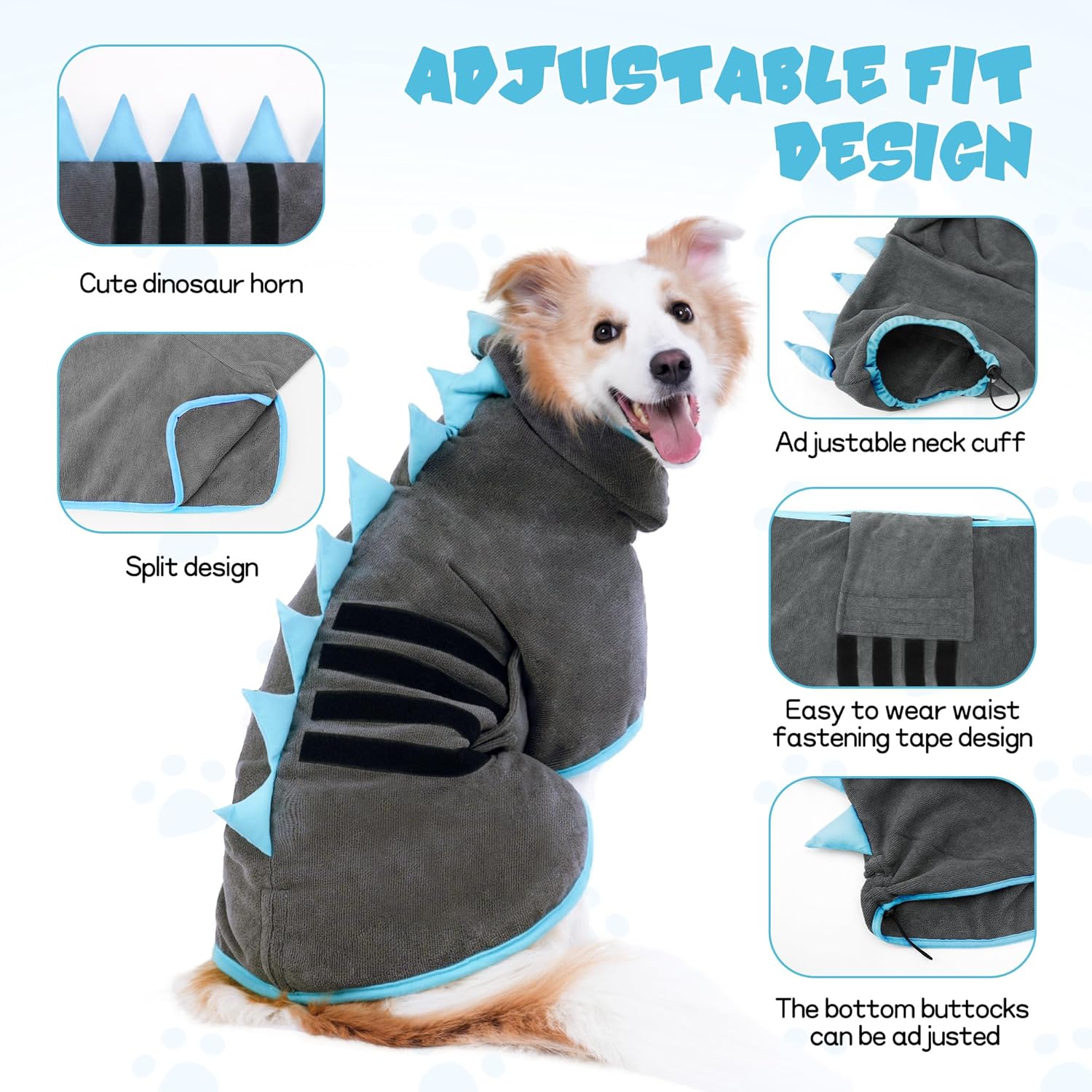 Super Absorbent Dog Bathrobe, Microfiber Bath Robe Towel for Fast Drying, Cozy Fit, Adjustable Belly Strap, Unique Dinosaur Design Dog Drying Coat for Bath, Rainy Walks & Cold Weather