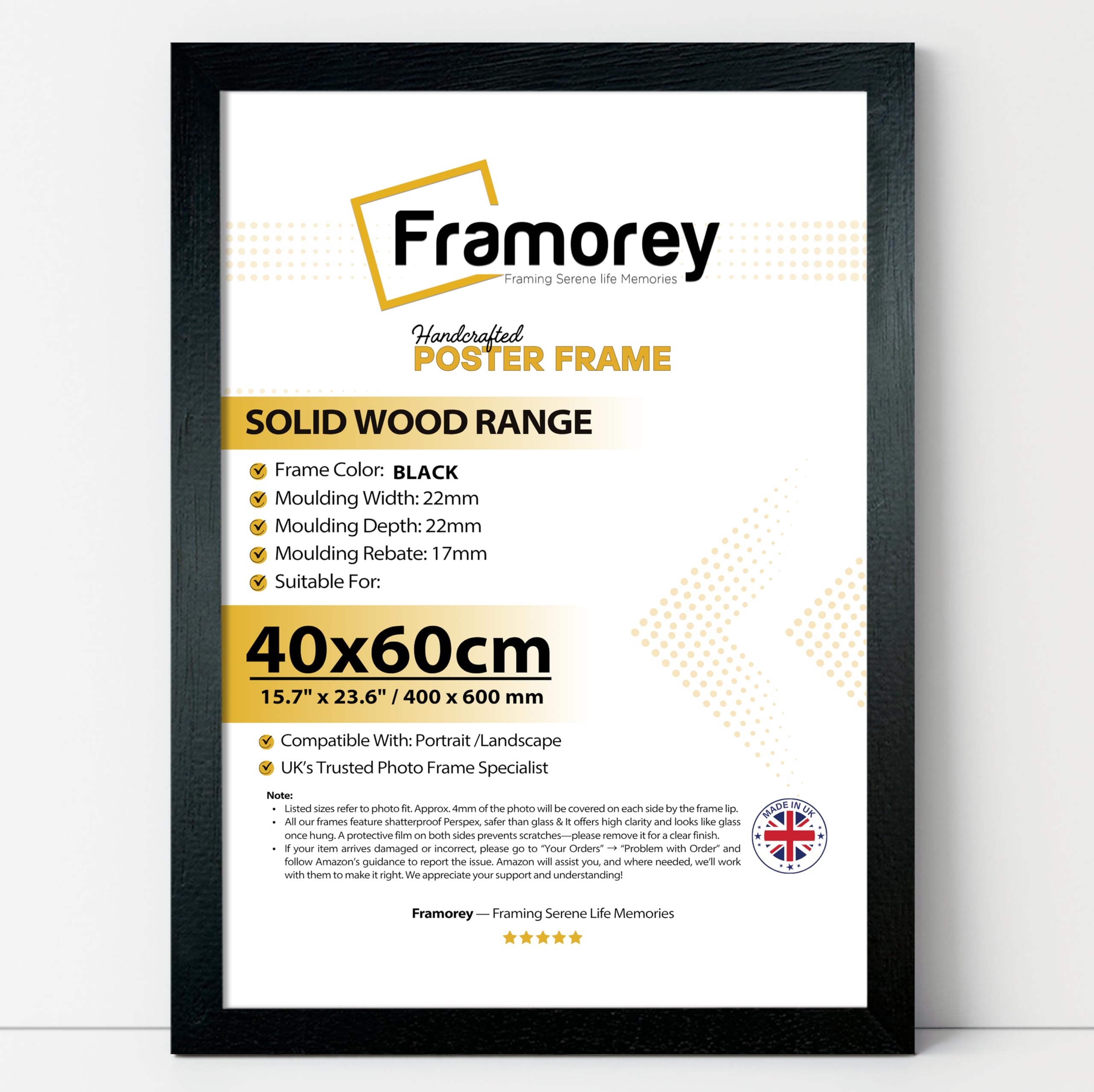 Framorey Framing Serene Life Memories Black Framorey 60X40cm Photo Frame, 400X600mm Solid Wood Picture Frame With Shatterproof Perspex, Poster Frame Real Wood, Wall Hanging Poster Frame For Home Decor, Gift & Modern Wall Art