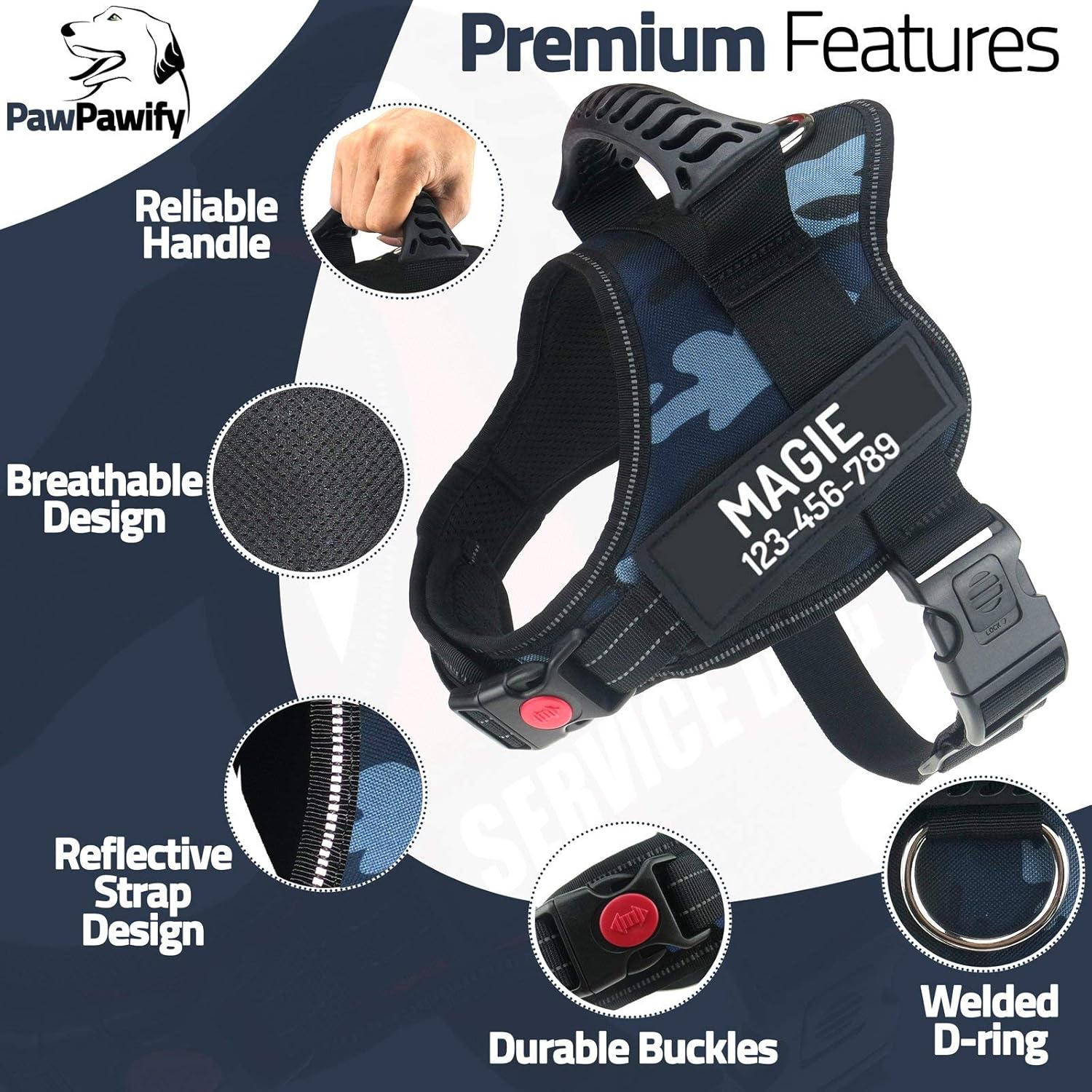 Personalized No Pull Dog Harness with Custom Name and Phone Number by PawPawify, Heavy Duty Pet Vest to Prevent Tugging, Pulling, or Choking, Training and Walking Blue Camo