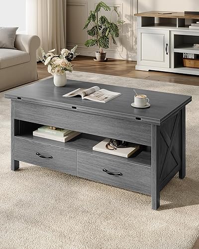 Vista 9 de Marsail Mesa auxiliar elevable, mesa central multifuncional 4 en 1 con compartimento oculto, 2 cajones y estante abierto, altura ajustable para sala