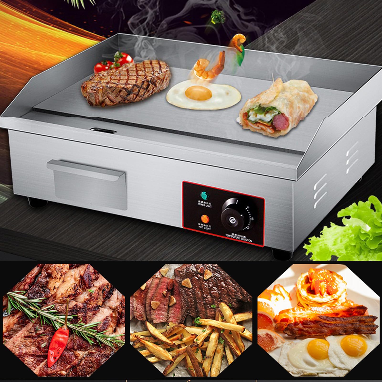 Plancha Cocina Eléctrica 2500W, Profesional De Acero Inoxidable 55X40x23cm, Parrilla Barbacoa Lisa De Asar, Temperatura 50-300°C, Bandeja Recoge Grasa, Protector contra Salpicaduras