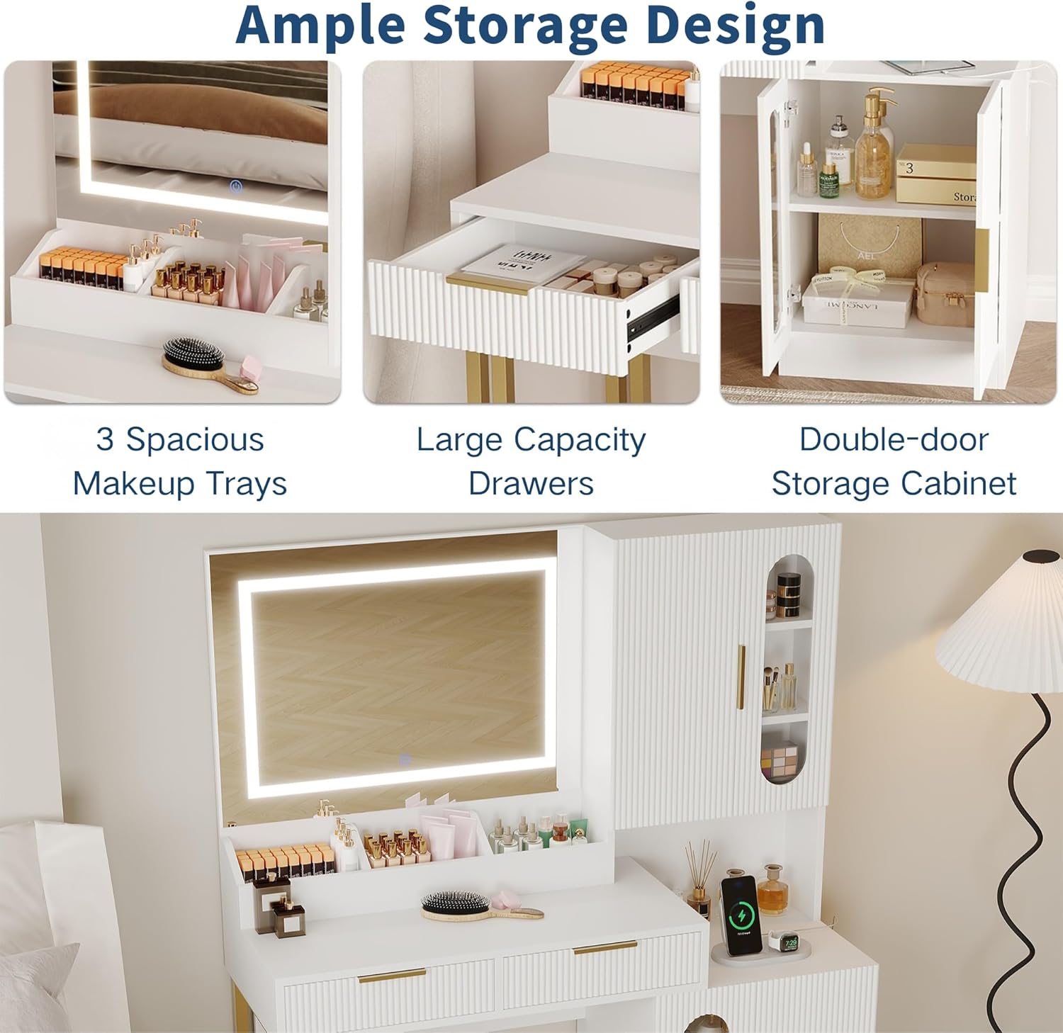 IDEALHOUSE Fluted Vanity Desk with Mirror and Lights, 45" Makeup Vanity with Large Cabinets, Drawers, Dressing Table with 3 Color Lighting Modes, Built-in Charging Station for Bedroom, White