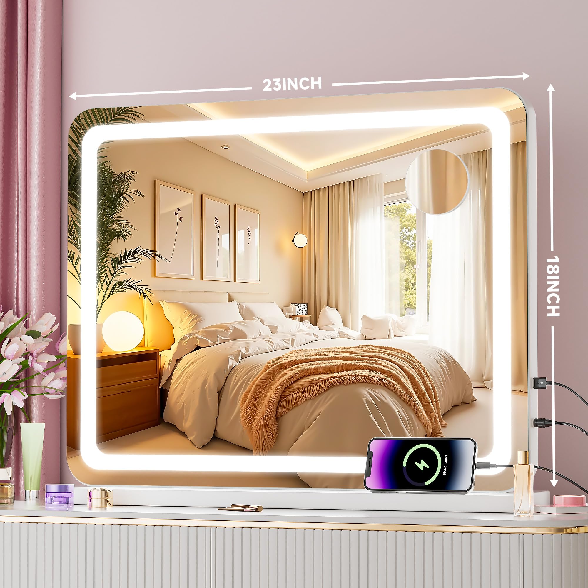 Kosmetikspiegel mit Lichtern, 58,4 x 45,7 cm, LED-Make-up-Spiegel mit 10-facher Vergrößerung, dimmbar, 3 Modi, Speicherfunktion, Smart Touch, USB-Ladeanschluss, beleuchteter Make-up-Spiegel