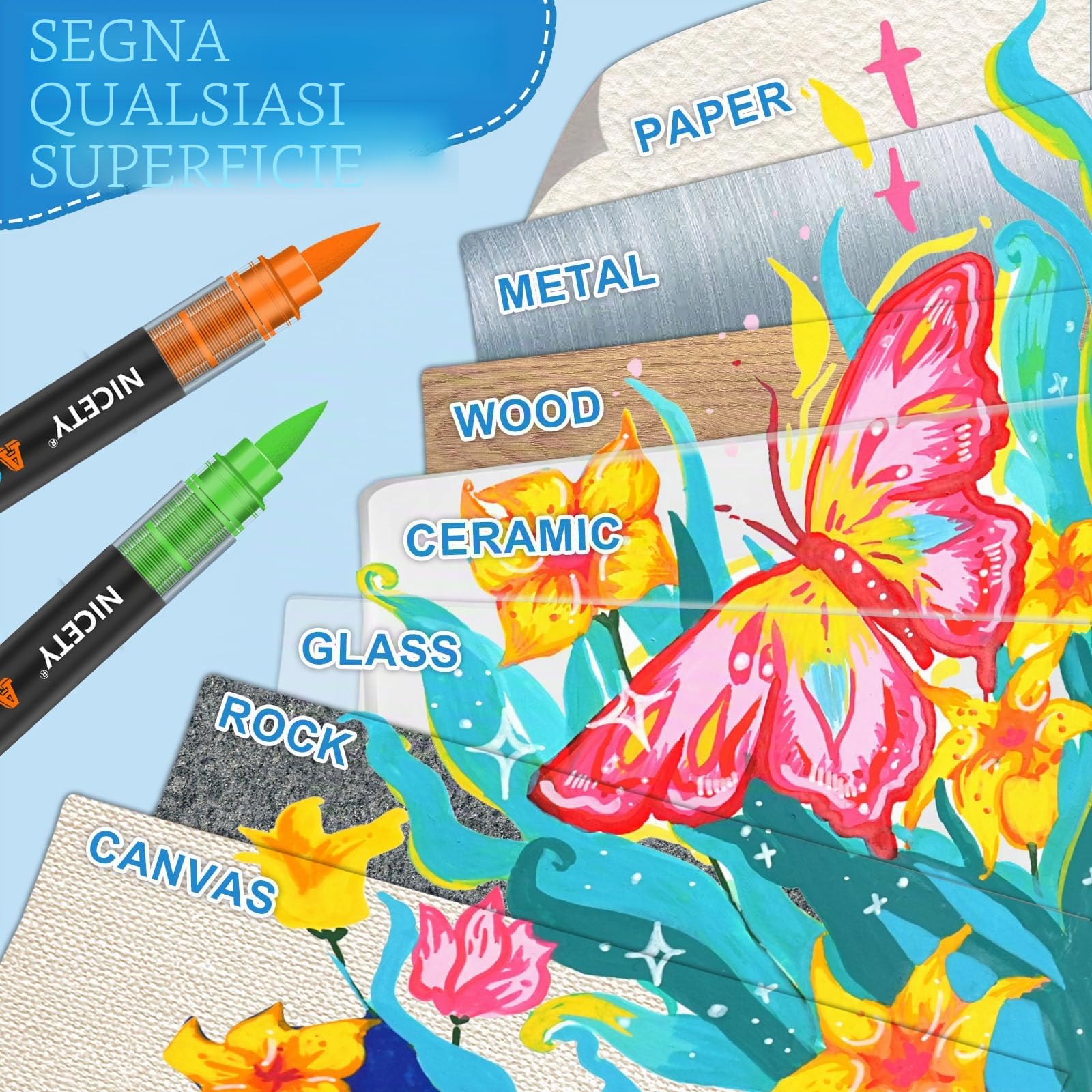 NICETY 264 Pen Acrilici Punta Pennello - Marcatori Base Acqua per Vetro Ceramica Legno Pietra - Non Tossici - Kit per Artisti e DIY