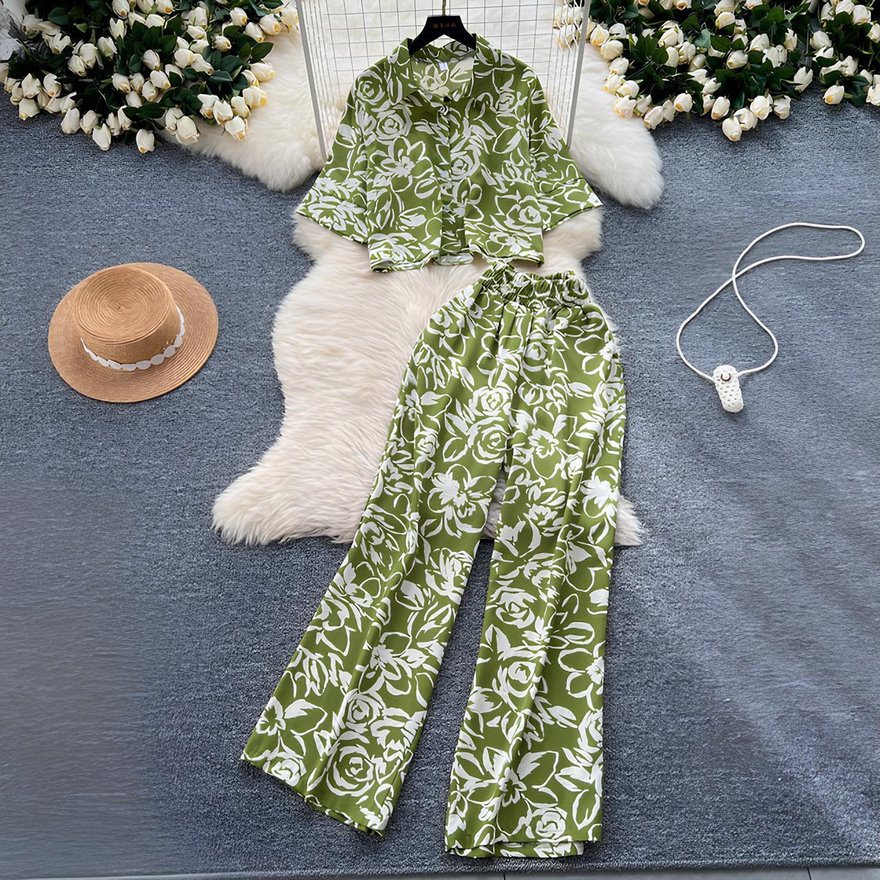 Gufrina Women For Co Ord Set|| Oversize Shirt|Shirt Collar Top| Flora Co-Ord Set For Women Print|Button-Down Casual Wear For Women| Wide-Leg Pants| Casual Wear For Women (Mehandi S)