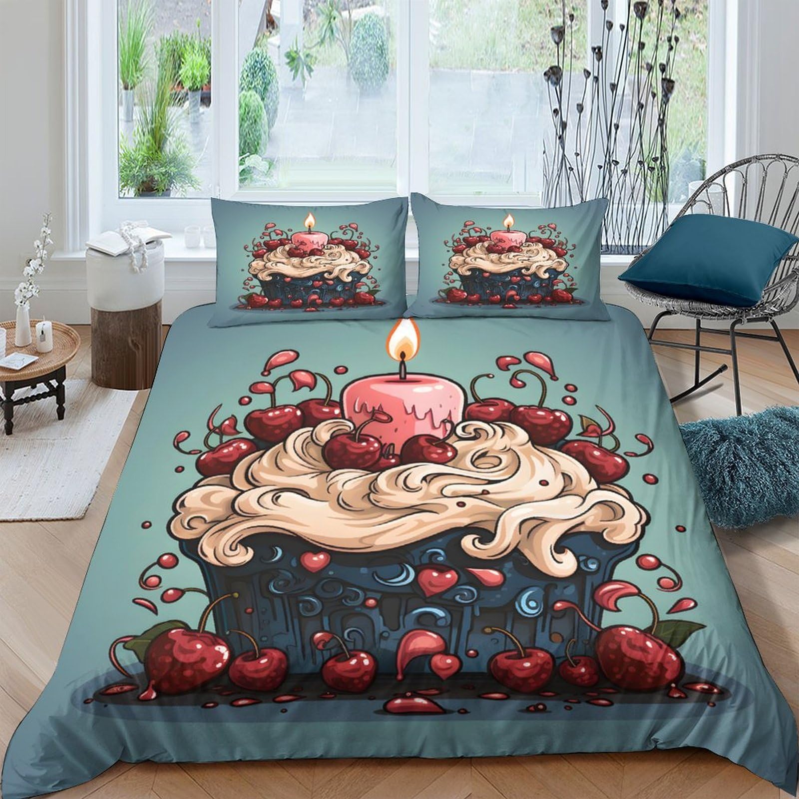Ctjqhvkz Style-4 3D Printed Birthday Cupcake Fitted Sheet Microfiber Soft Strawberry Candle Bed Cover For Bedroom Guest Room Decor Single（135X200cm）