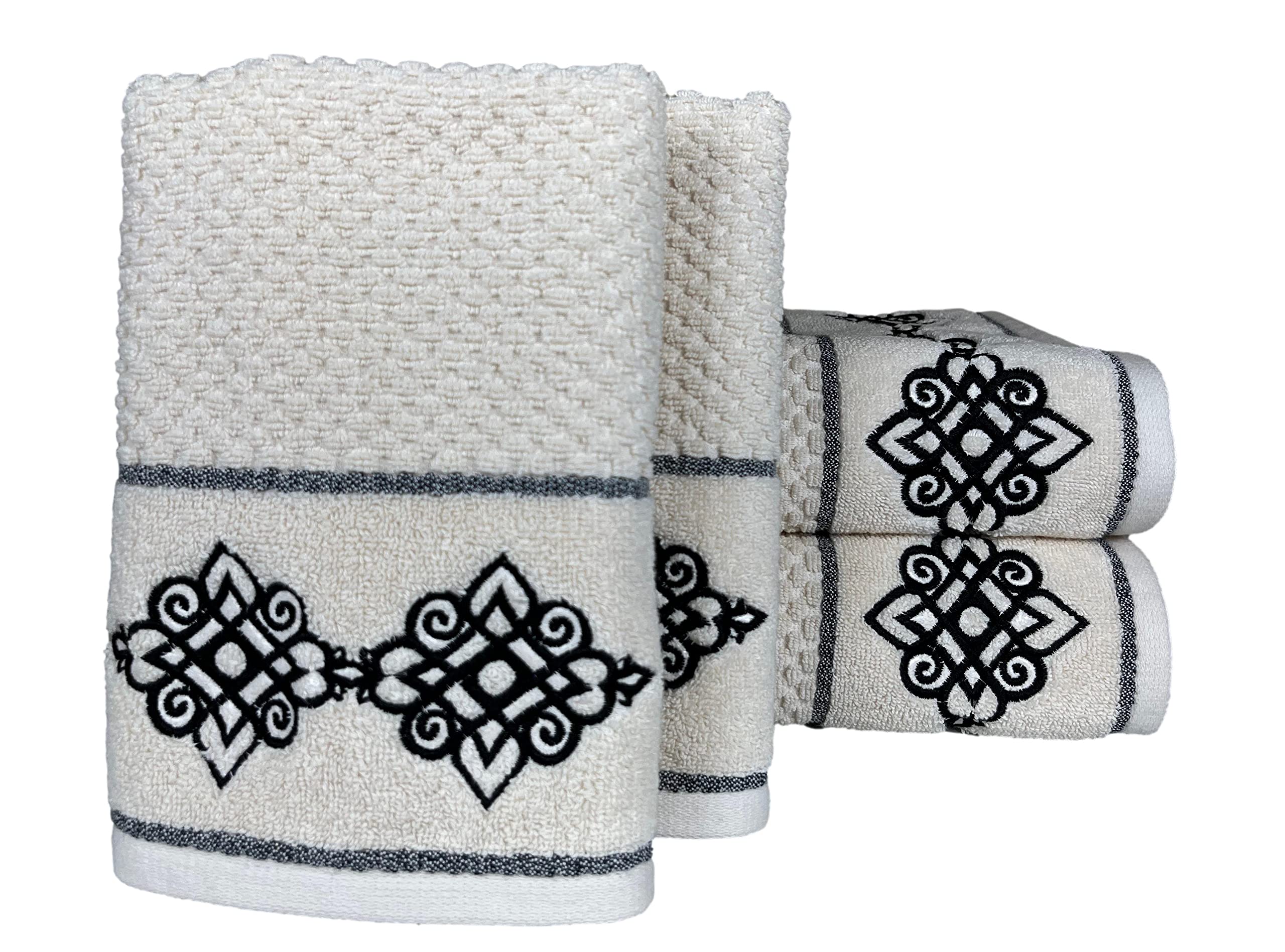 SENSES By Riba Cotton Embroidered Towel Set, 550 GSM Soft & Absorbent, Antimicrobial, Oeko-Tex Certified | Ideal for Home & Gifting, Pack of 4 (2 Bath 27"X50" + 2 Hand Towels 16"X26") - Style 3