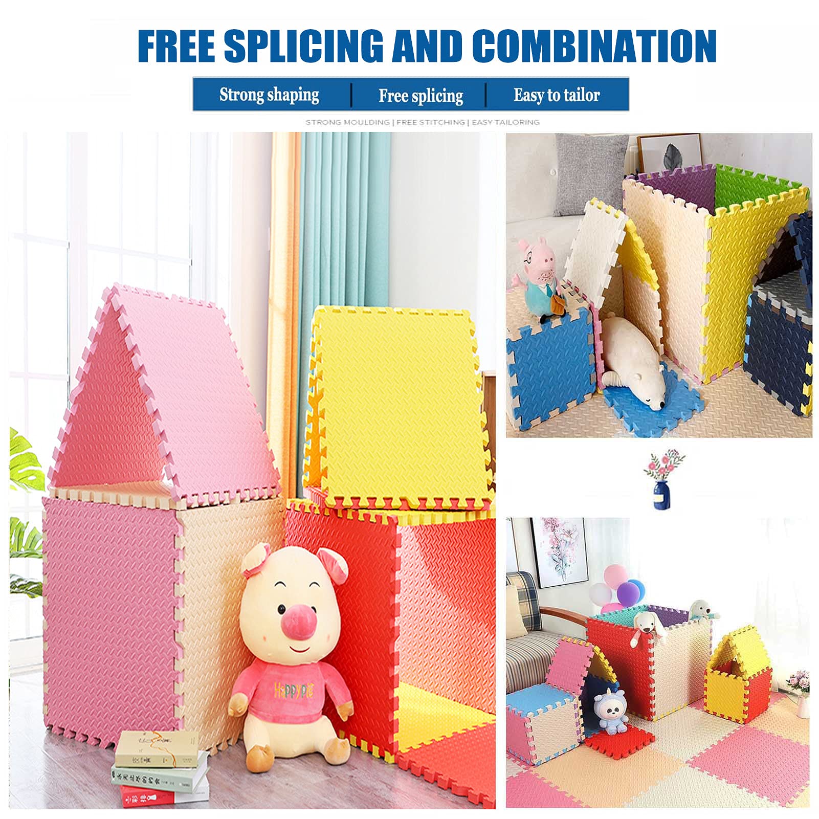 Tapis Puzzle avec Bords Mousse EVA Douce, 30x30x2.5cm Tapis de Jeu pour Enfants Tapis de Puzzle pour Chambre d'enfant Salon Salle de Sport Piscine,White+Pink+Gray,24