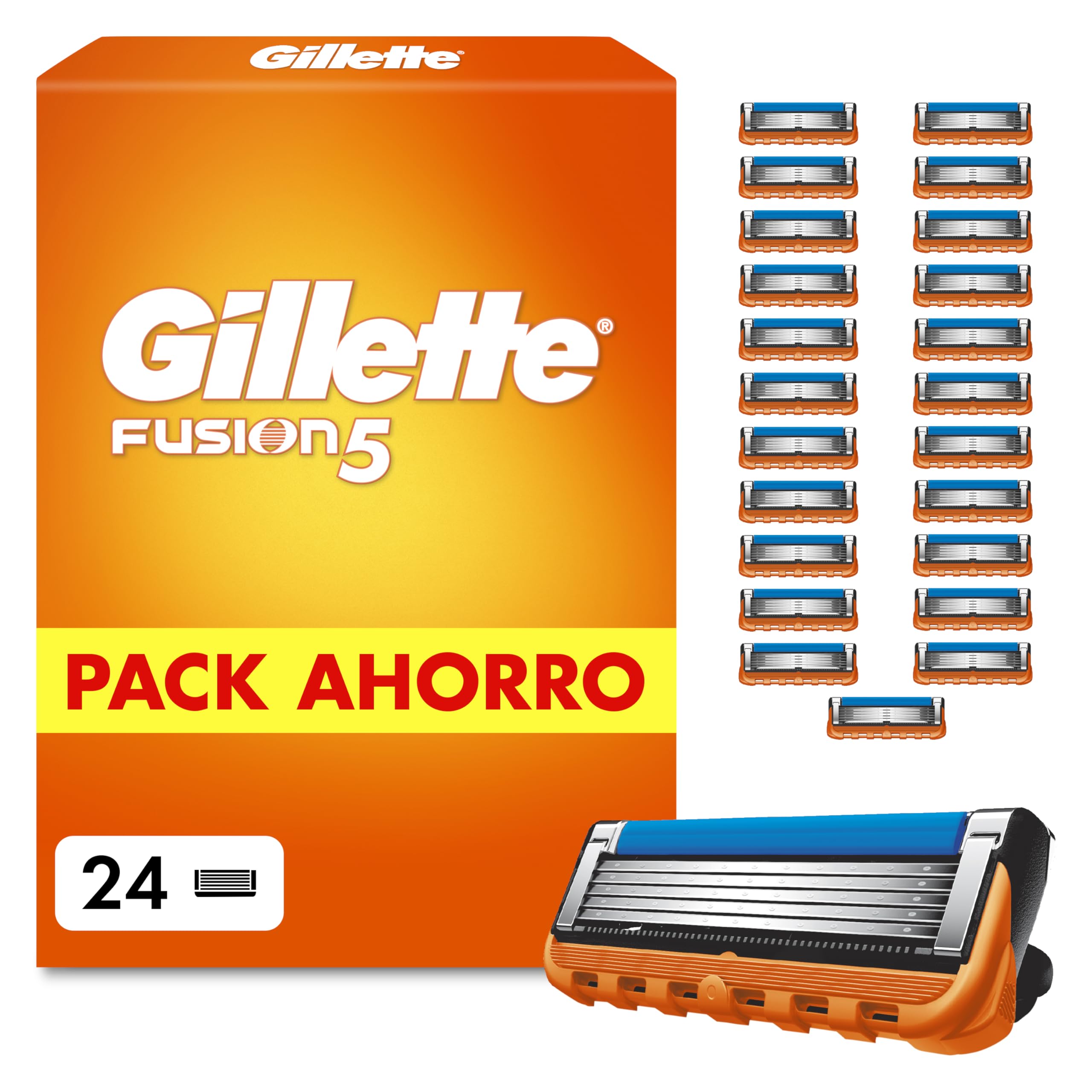 Gillette Fusion5 Cuchillas de Afeitar Hombre, Pack de 24 | Recambios para Maquinillas de Afeitar con 5 Hojas, Banda de Gel Lubricante Y Recortadora de Precisión