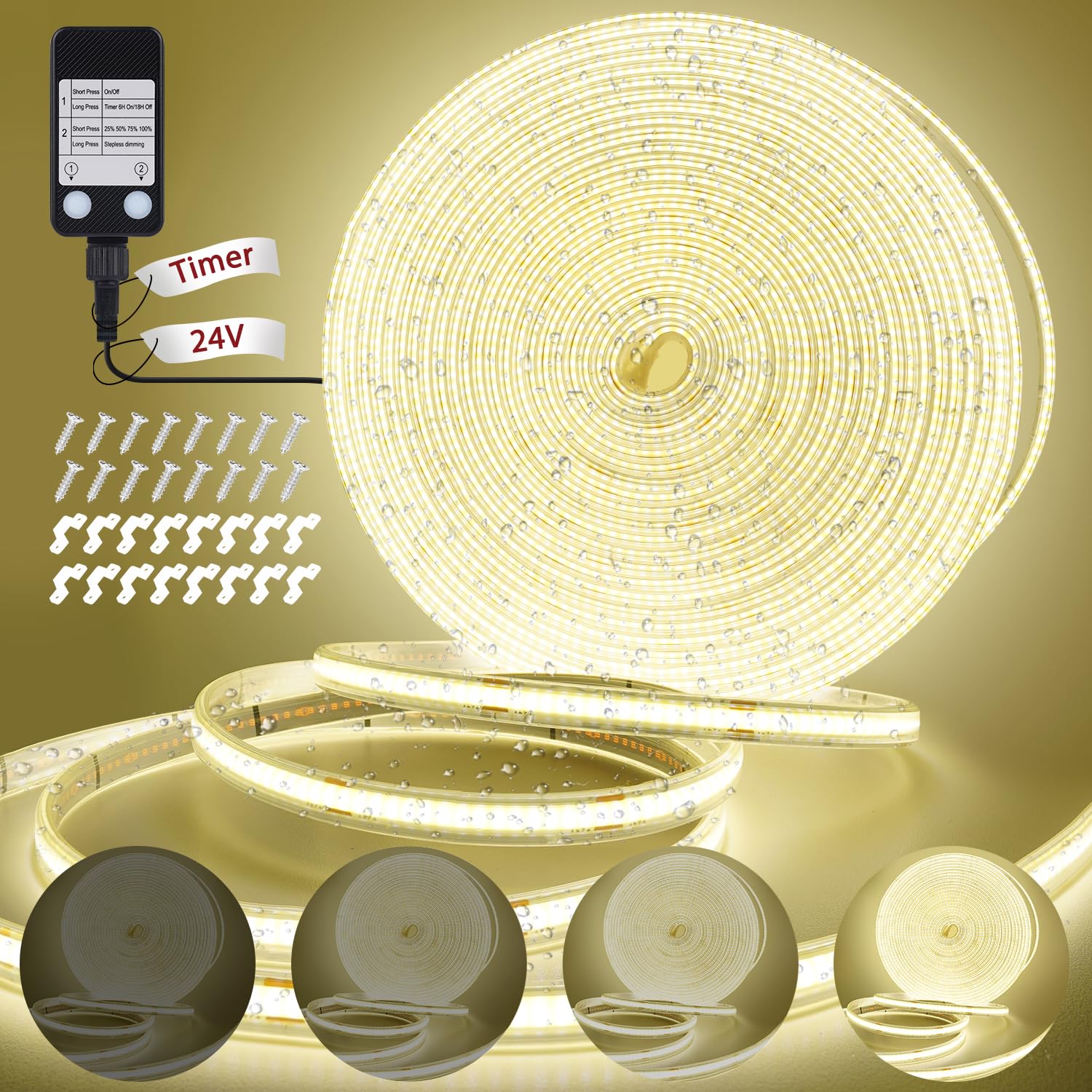 Waterproof COB LED Strip Lights 10M 24V Natural White 4000K, 3200 LEDs Dimmable Plug-in Outdoor Light Strip, CRI90+ Cuttable LED Strips Flexible with Timer for Cabinet, Bathroom, DIY Lighting