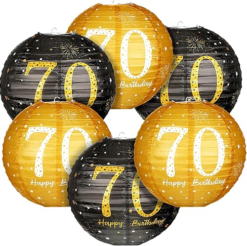 Blulu 6 piezas de decoración de fiesta de cumpleaños, faroles de papel colgantes, color negro y dorado, letrero de aniversario con purpurina para