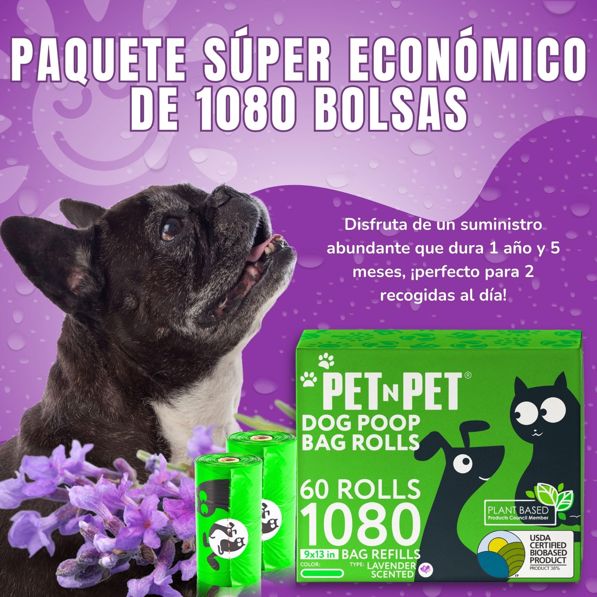 PET N PET Bolsas Caca Perro, 1080 Unidades (60 Rollos), Bolsas Perro Caca Extra Resistentes, 41% Biobased USDA Certified, Bolsas para Excrementos de Perros, Dog Poop Bags, Lavendelduft
