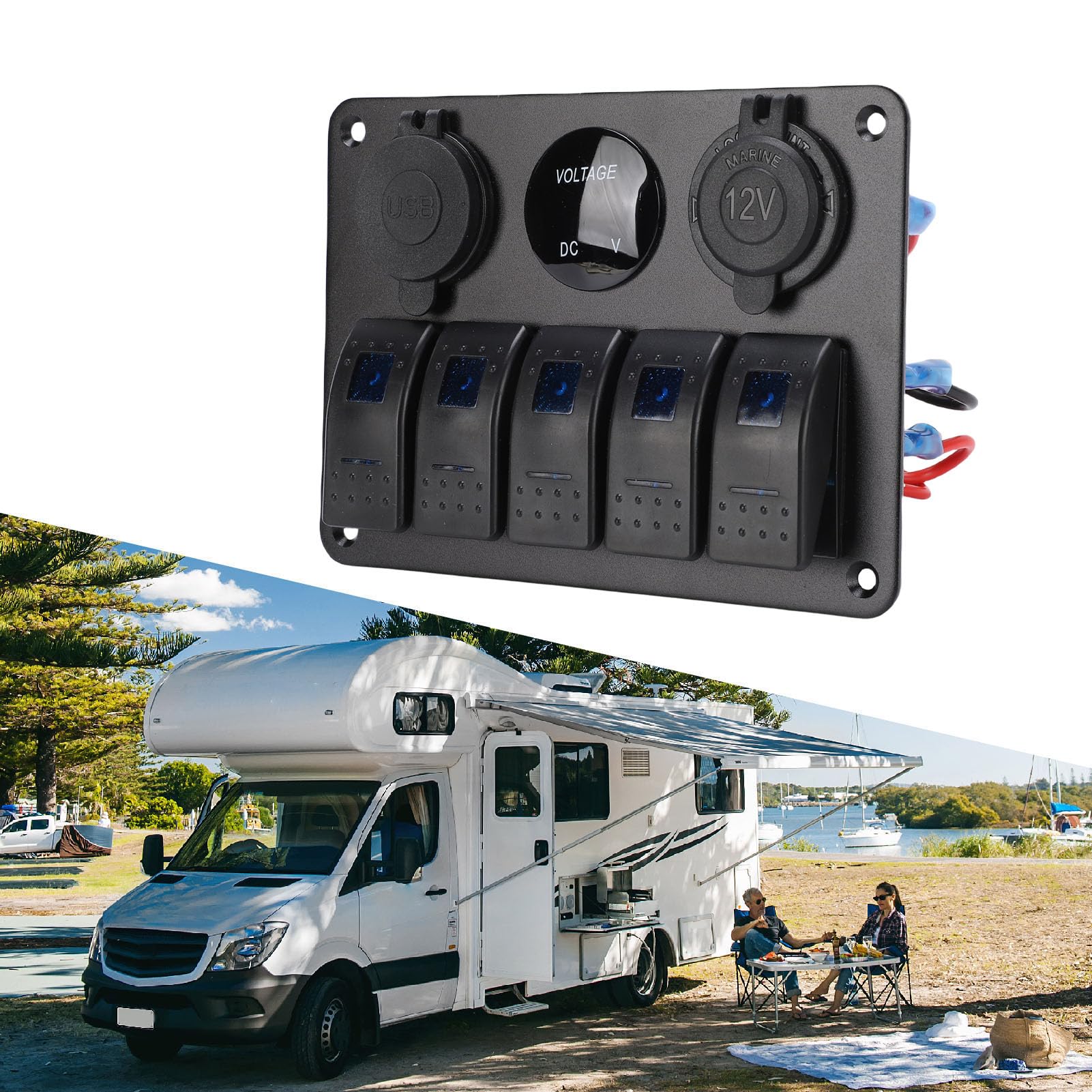 Pannello Interruttori a Bilanciere a 5 Gruppi Design Durevole per Auto, Camion, Barca Marina, Interruttori a Levetta ON/OFF, Retroilluminazione Blu per un Comodo Controllo