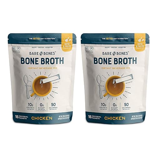 Mezcla instantánea Bare Bones de caldo de huesos, de huesos, de pollo, 10gr de proteína, apto para dieta Keto y Paleo, sobres en barras de 0.53 oz