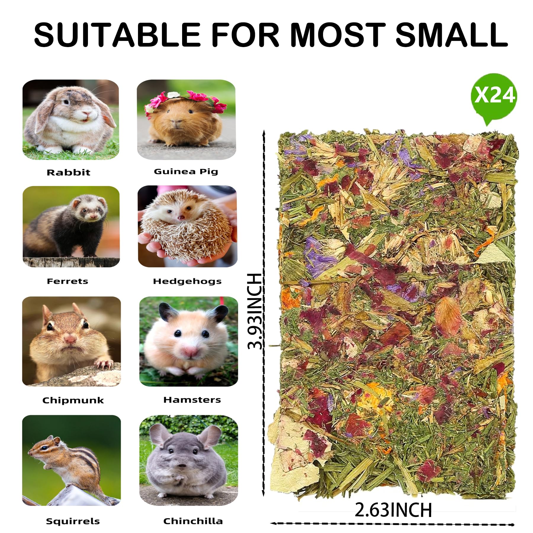 Kaninchenspielzeug, Meerschweinchen, Leckereien, Timothy, Heu-Kauspielzeug, Chips mit Kräuterblumen, Hamster-Snacks, Chinchillas, Rennmäuse für Zähne, Apfelstöcke, süßer Bambus, 24 Stück