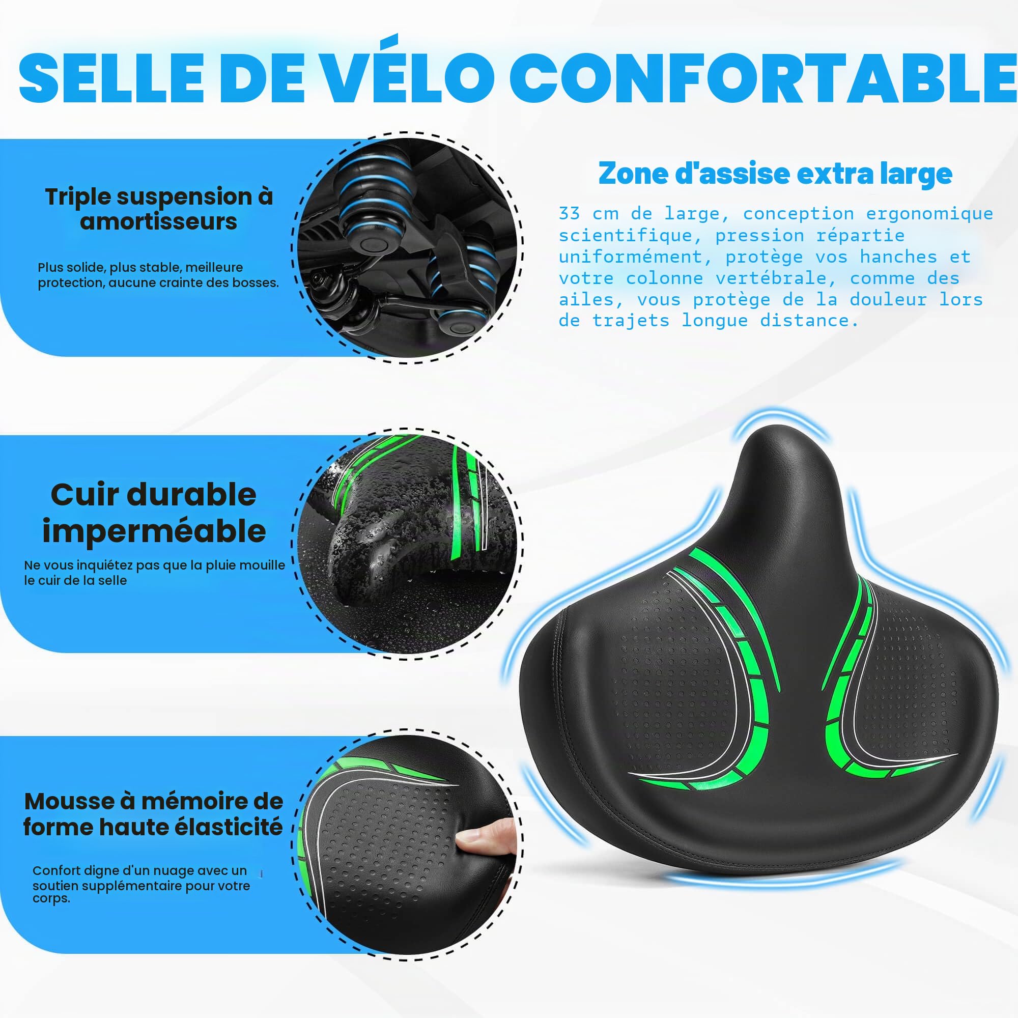 CDYWD Selle de Velo Ultra Confortable, Extra Large, Rembourrage Doux, avec Suspension, Homme Femme Selle Bike Life, Homme et Femme Selle de Vélo Ergonomique Anti Douleur