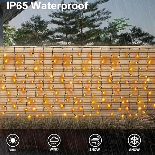 Miniatura 10 de Cortina de luces solares de Halloween moradas y naranjas para exteriores, 300 luces LED de 19.6 pies de largo x 2.6 pies de alto, cortina de luces