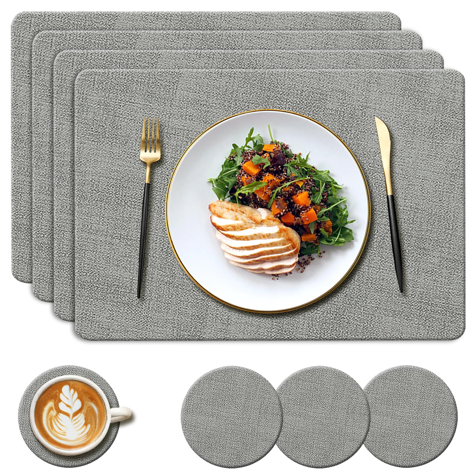 YUNJUER 4 Leather Placemats + 4 Round Coasters Set, Heat Resistant 212 °F PU Place Mats, Non Slip and Washable