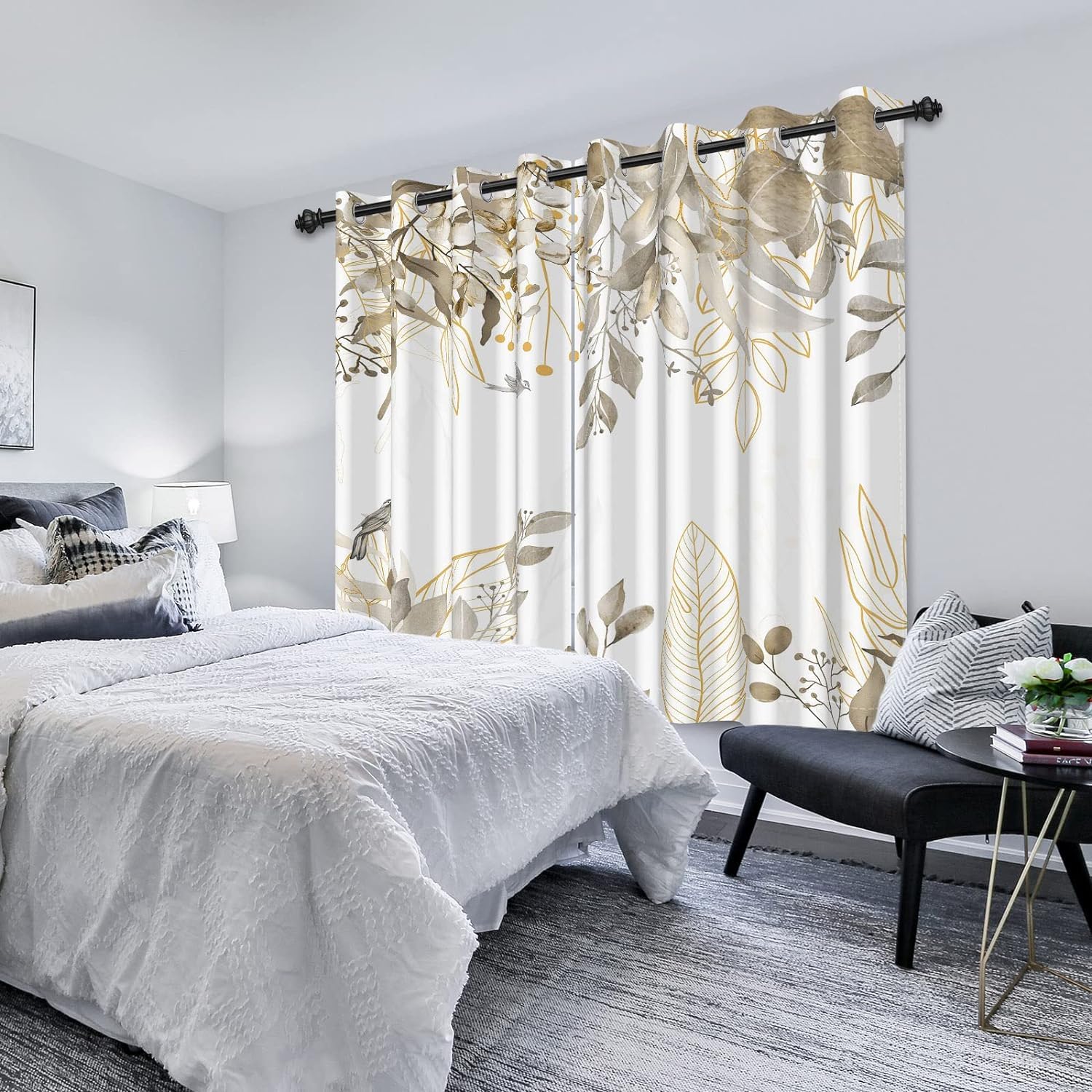 Gardinen Eukalyptus, Vorhänge Grau Blätter Blumenmuster Ösenvorhang Blickdicht Thermogardinen Fensterschal Verdunklungsvorhänge für Wohnzimmer Schlafzimmer Kinderzimmer, 2er Set, 135Bx215Hcm