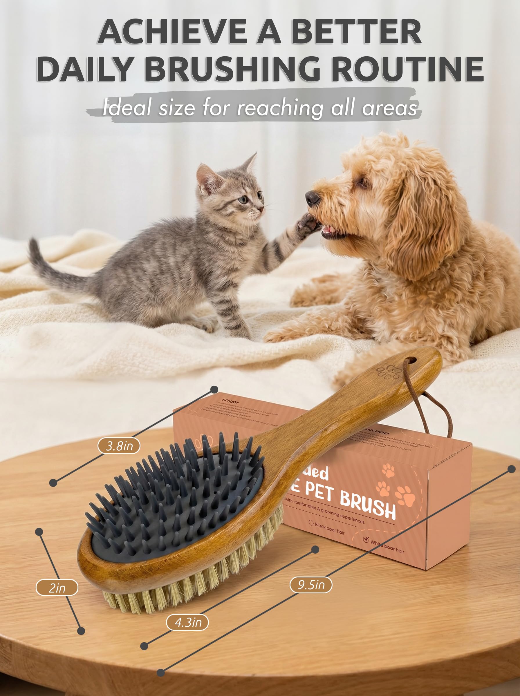 Cepillo profesional de doble cara para perros y gatos, cepillo de silicona para mascotas (cerdas de jabalí blancas)