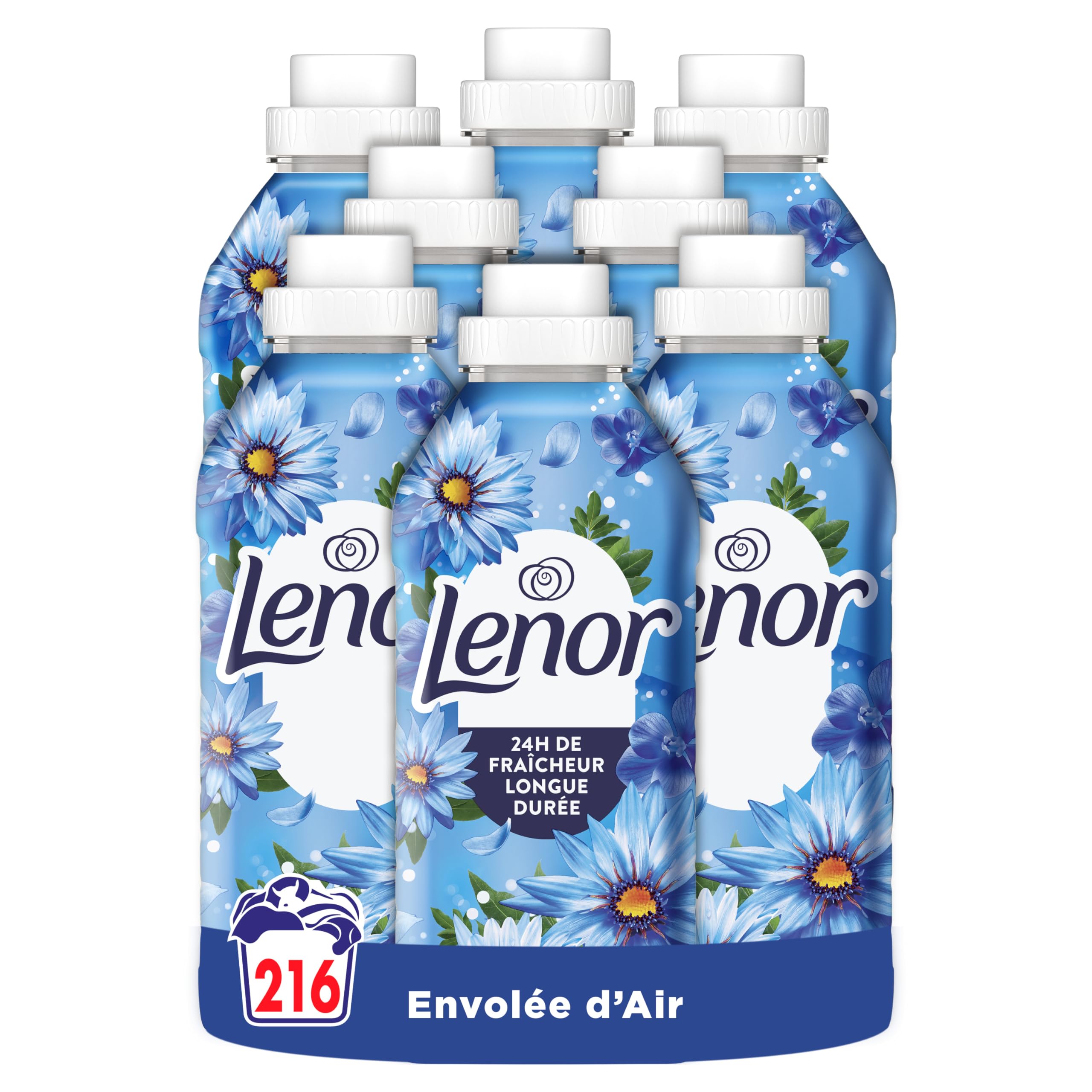 Lenor Adoucissant 216 (8x27) Lavages, Parfum Envolée d’Air, 24H De Fraîcheur Relaxante, Avec Une Touche D’Huiles Essentielles, Testé Dermatologiquement, Fabriqué En France