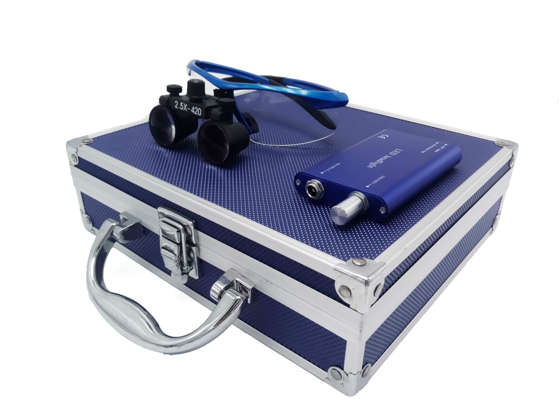 Occhiali binoculari medico-chirurgici portatili con ingrandimento ottico di 2,5 × 420 mm e lampadina frontale a LED 3W; scatola di alluminio inclusa., Blue, 1