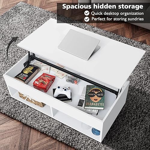 Miniatura 5 de HOMMPA Morden - Mesa de centro elevable con almacenamiento oculto, mesa de centro LED de alto brillo, color blanco, para sala de estar de 3 niveles,