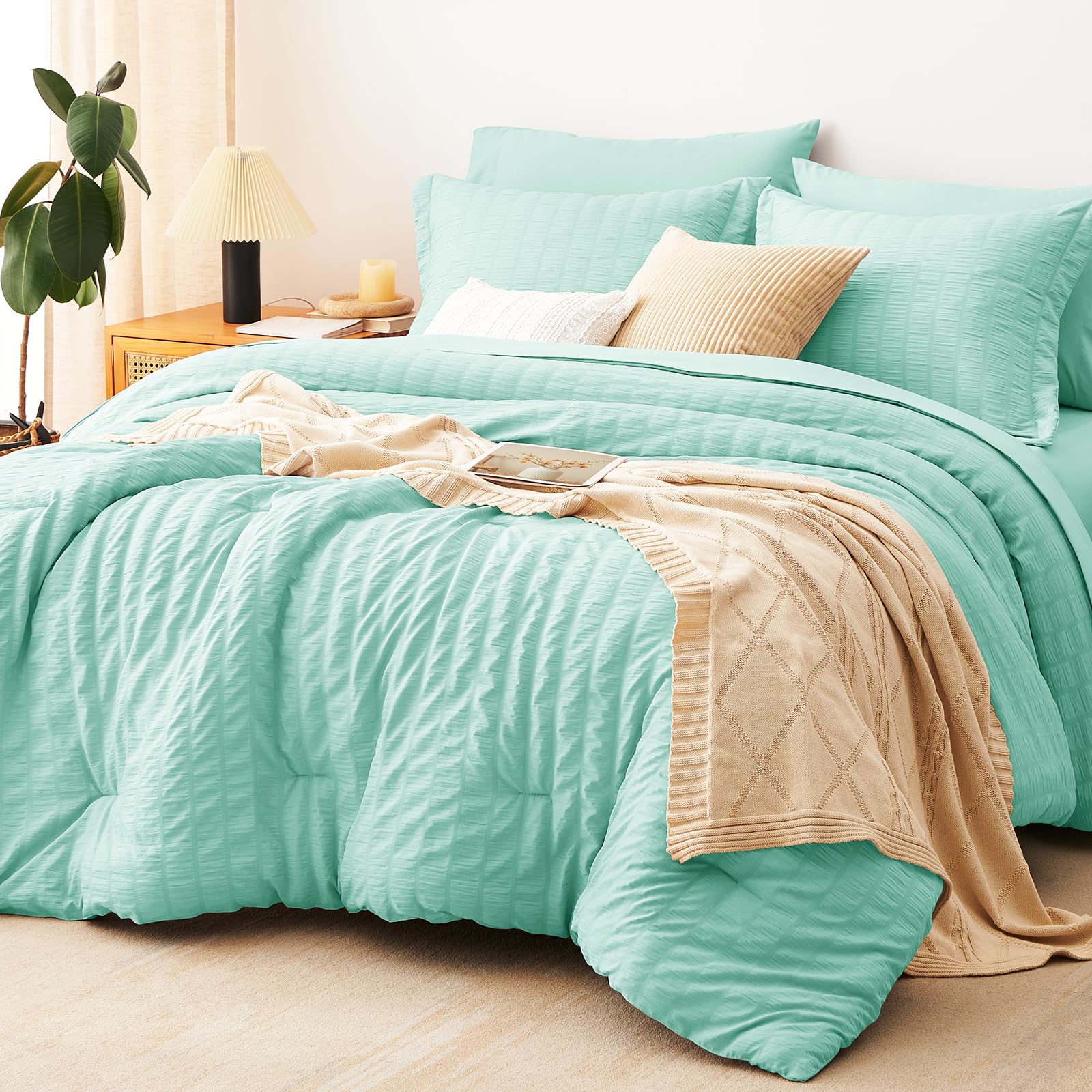 CozyLux Full Size Comforter Set 7 Pieces Mint Green Seersucker Bed in a Bag