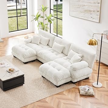 133.8" Oversized Couch, 3 Seater Modular Sectional Sofa, White Large U Shaped Sectional Fluffy Couch Set, Chenille Cloud Couch with Ottoman, Deep Seat Sofas for Living Room