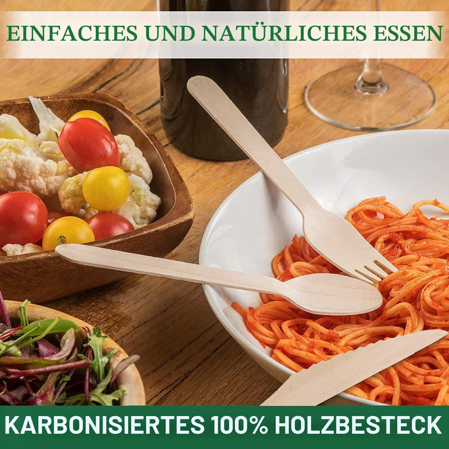 Einwegbesteck aus Holz [150 Stück / 50 set] - Nachhaltiges Besteck für Camping, Party, Einzelverpackung aus Kraftpapier,Gabel-Messer & Löffel - 100% natürlich, biologisch abbaubar & BPA-frei