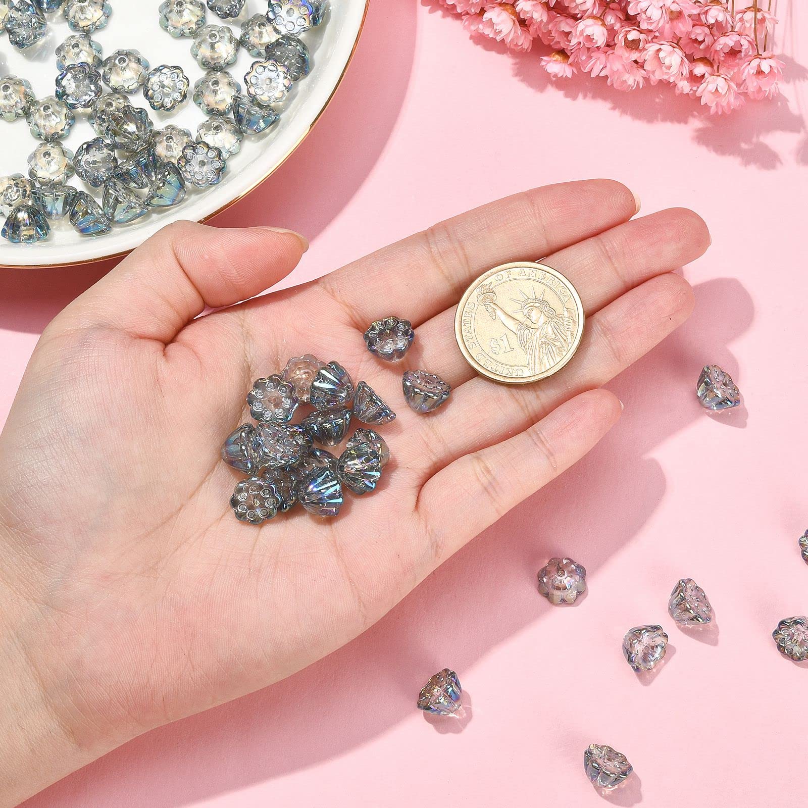 KitBeads 100pcs AB Color Lotus Pod Beads Transparent Grey Blue Glass Lotus Pod Beads Lotus Seed Spacer Loose Beads for Jewelry Making Bulk - Image 3