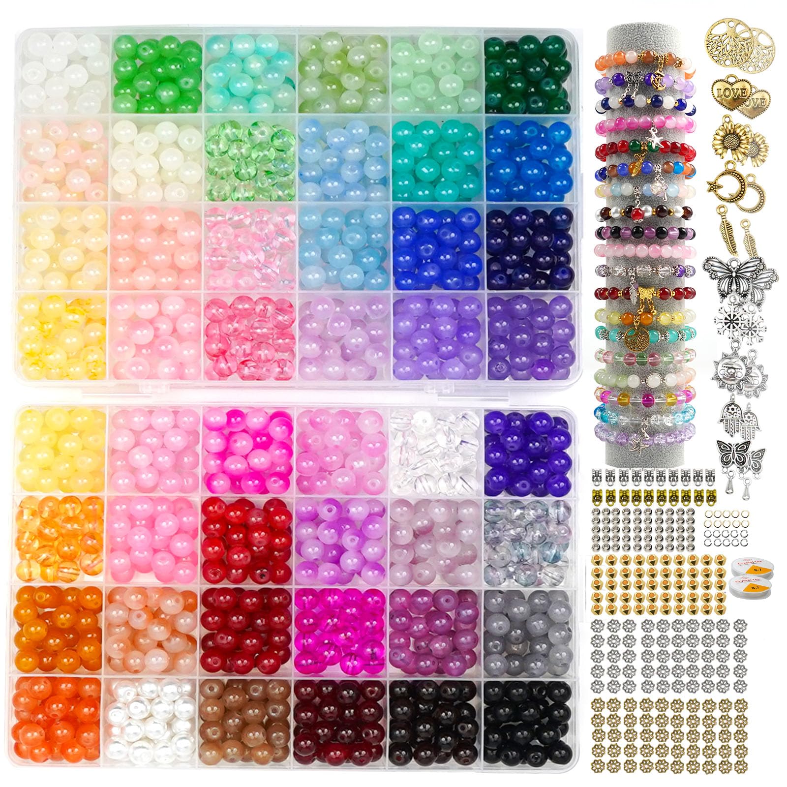 Hanyoung 8mm Glass Beads for Bracelet Making kit,96 Colors 2900 pcs Crackle Beads and Metal Spacer Beads/Pendant for Jewelry Making, Friendship Bracelet kit for DIY Gifts (Solid & Crackle Color)