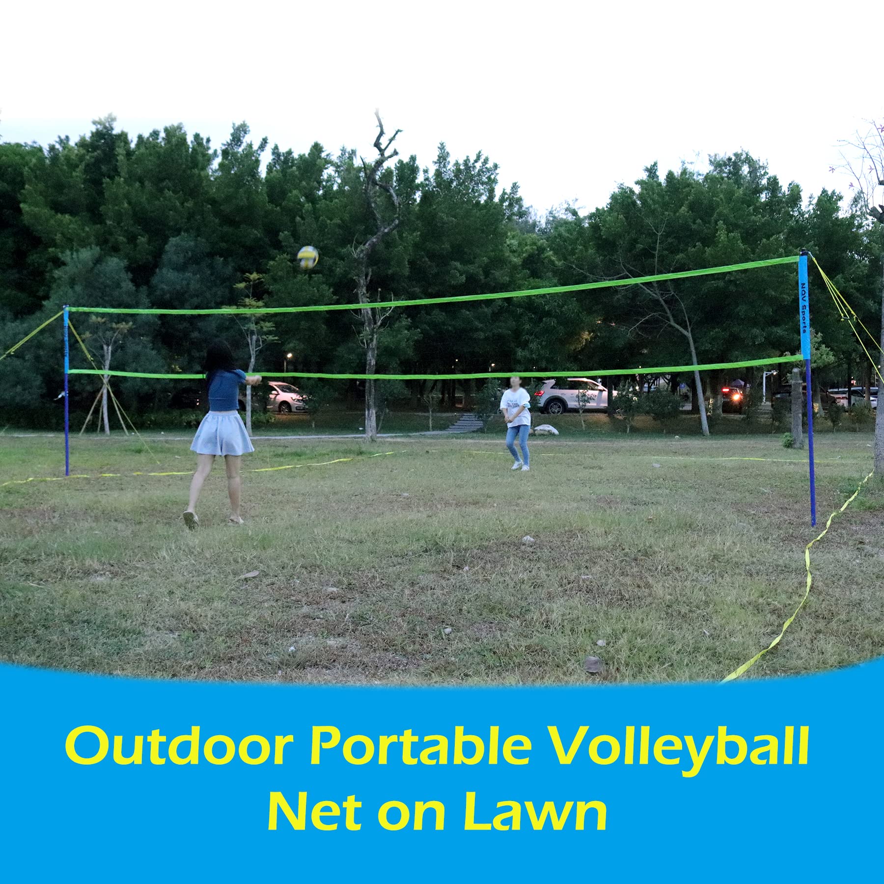 NQV Professional Portable Outdoor Blue Green Volleyball Net Set with Adjustable 3 Levels Height Steel Poles, Anti-sag System,Volleyball,Pump,Boundary Line and Carrying Bag for Backyard