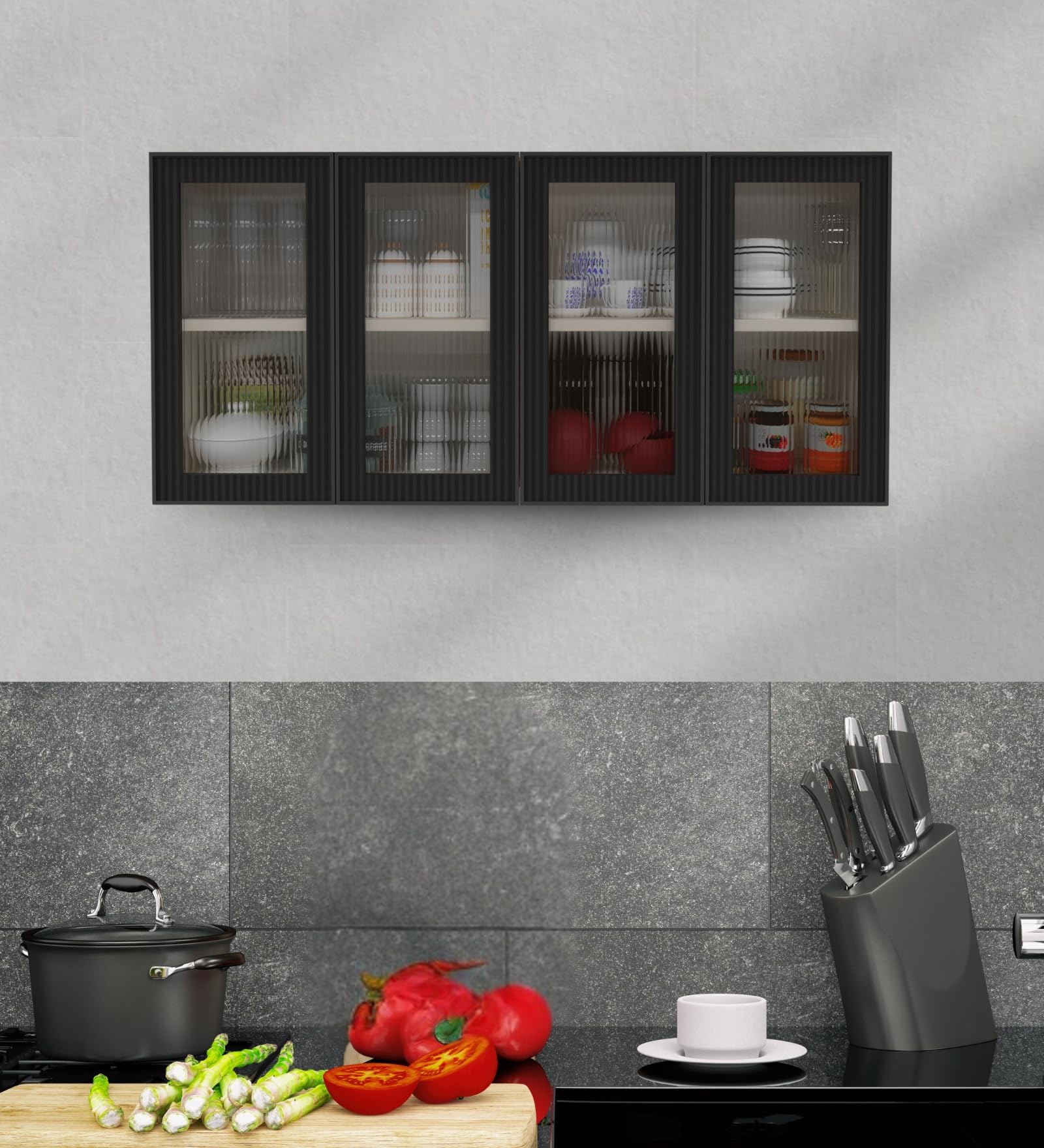 SPECIALITY PANELS Aluminium Black Profile 4 Door Wall Cabinet | Fluted Glass Handless Shutters | Wall Mounted Kitchen Storage Cupboard | Space Saving Multipurpose Storage Unit (Highland Pine Finish)-picture-14