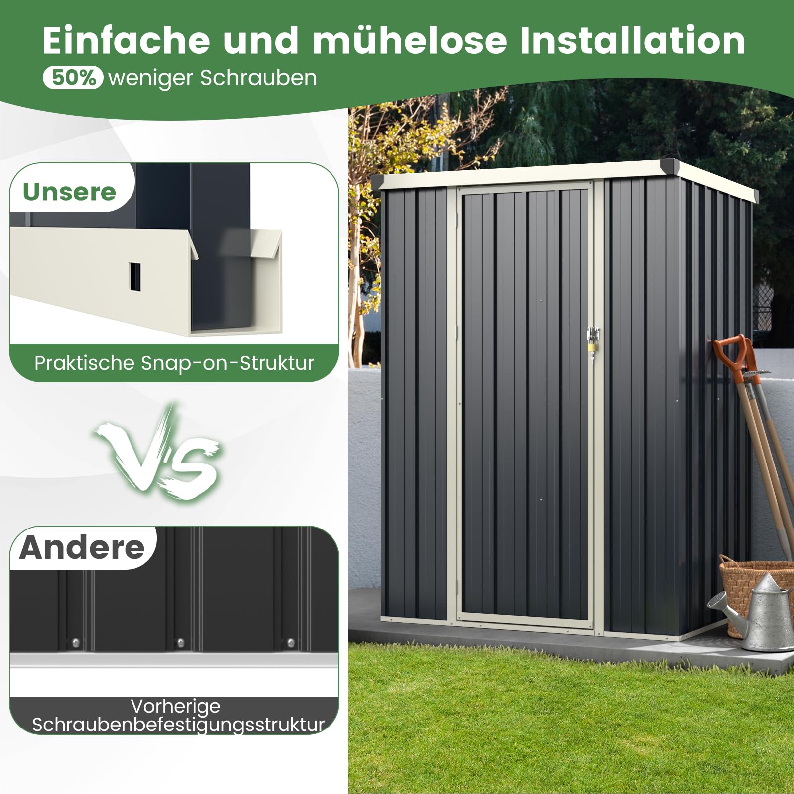 COSTWAY Gartenhaus Metall, Geräteschuppen mit Pultdach & abschließbarer Tür & Schloss, 117 x 89 x 162 cm Garten Schuppen Outdoor, Gerätehaus wetterfest für Garten, Rasen, Grau