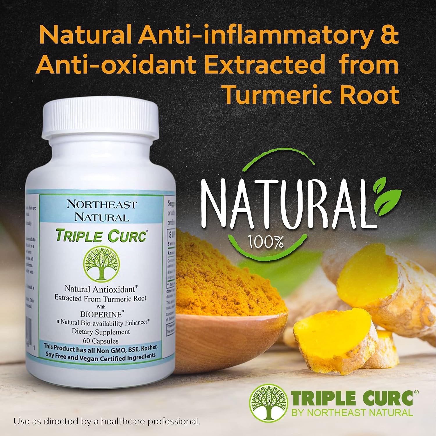 Northeast Natural Triple Curc | 95% Turmeric Curcumin 500mg | GMO Free with High Potency & Absorption | For Inflammatory & Joint Support | 60 Capsules