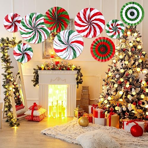 Miniatura 4 de Outus 9 Pcs Christmas Party Candy Hanging Paper Fans Peppermint Christmas Classroom Decorations Hanging Paper Fans Garland for Xmas Holiday Ceilings