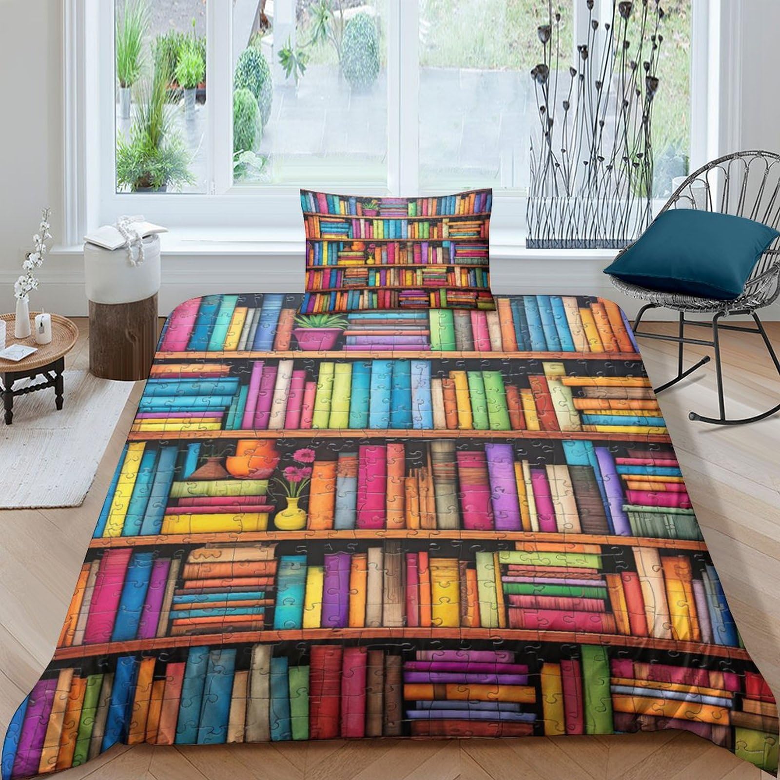 Housse de couette imprimé 3D étagères de livres contre literie rêche