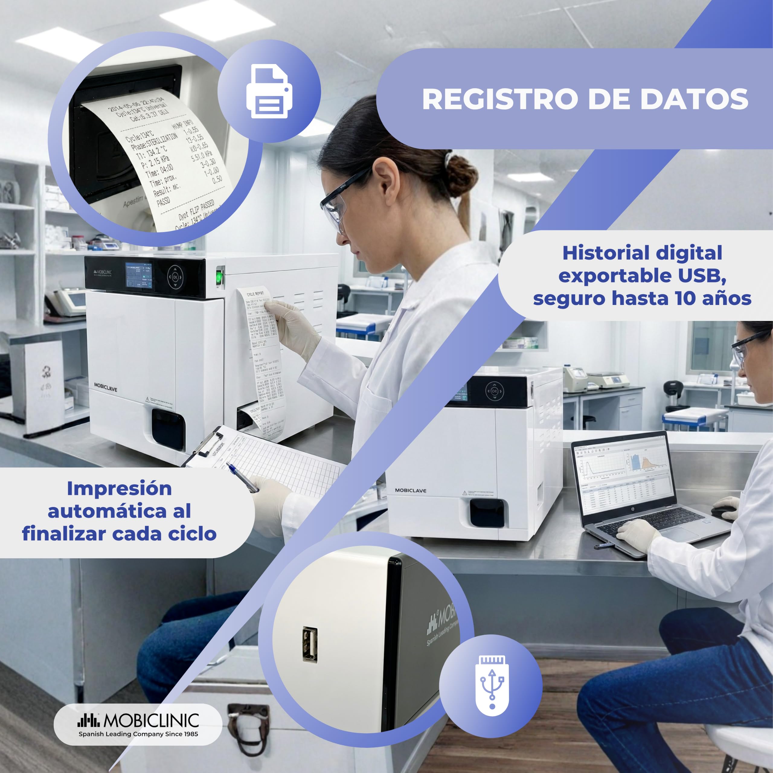 Mobiclinic®, Autoclave Profesional, Esterilizador Autoclave de Vapor 17L, Desinfecta al 99% con Cobertura 360º, 6 Ciclos + Personalizado, Impresora, USB, SD, Clínicas y Laboratorios, MobiClave Plus