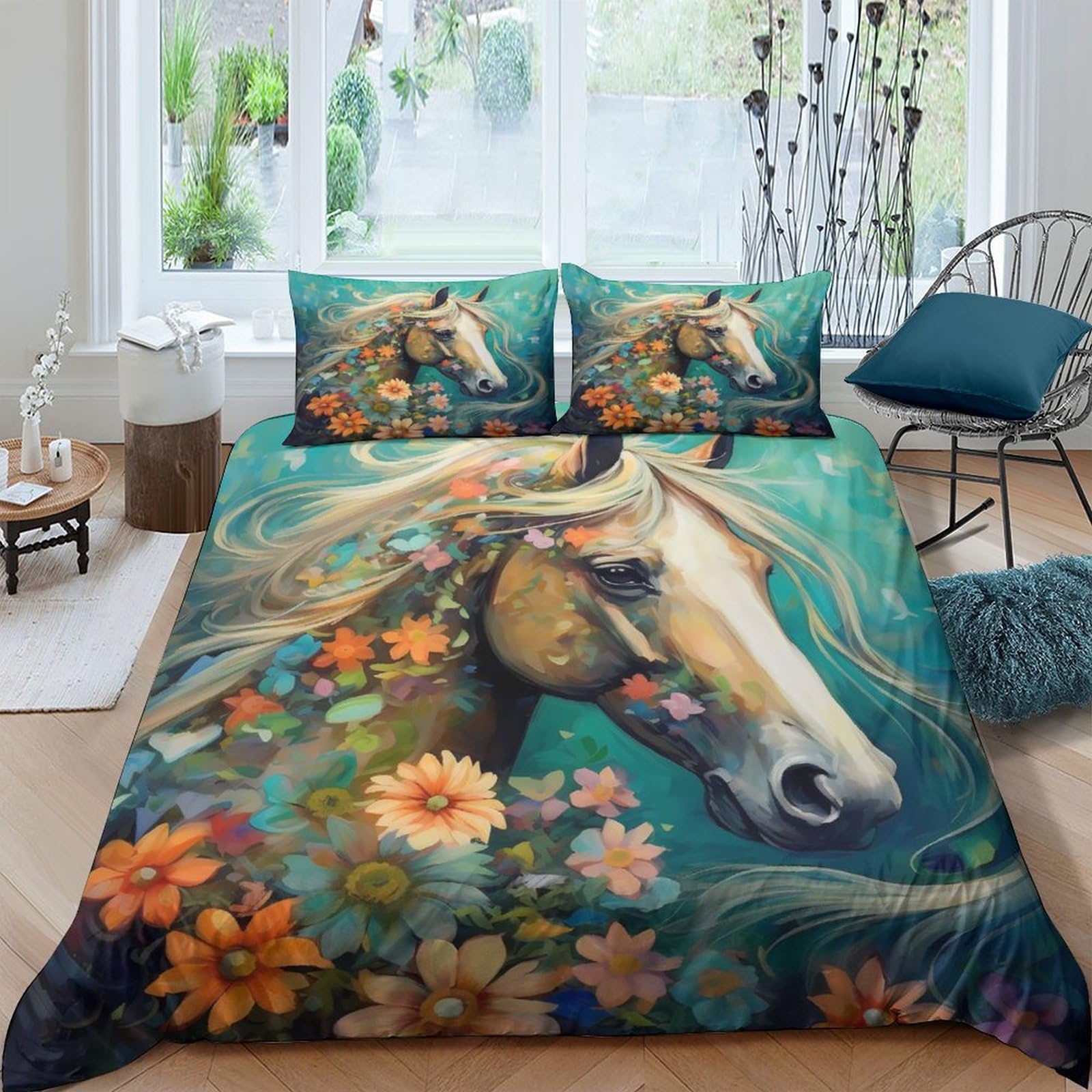 Housse de couette fleurs et chevaux zippée pour en finir avec les draps qui glissent