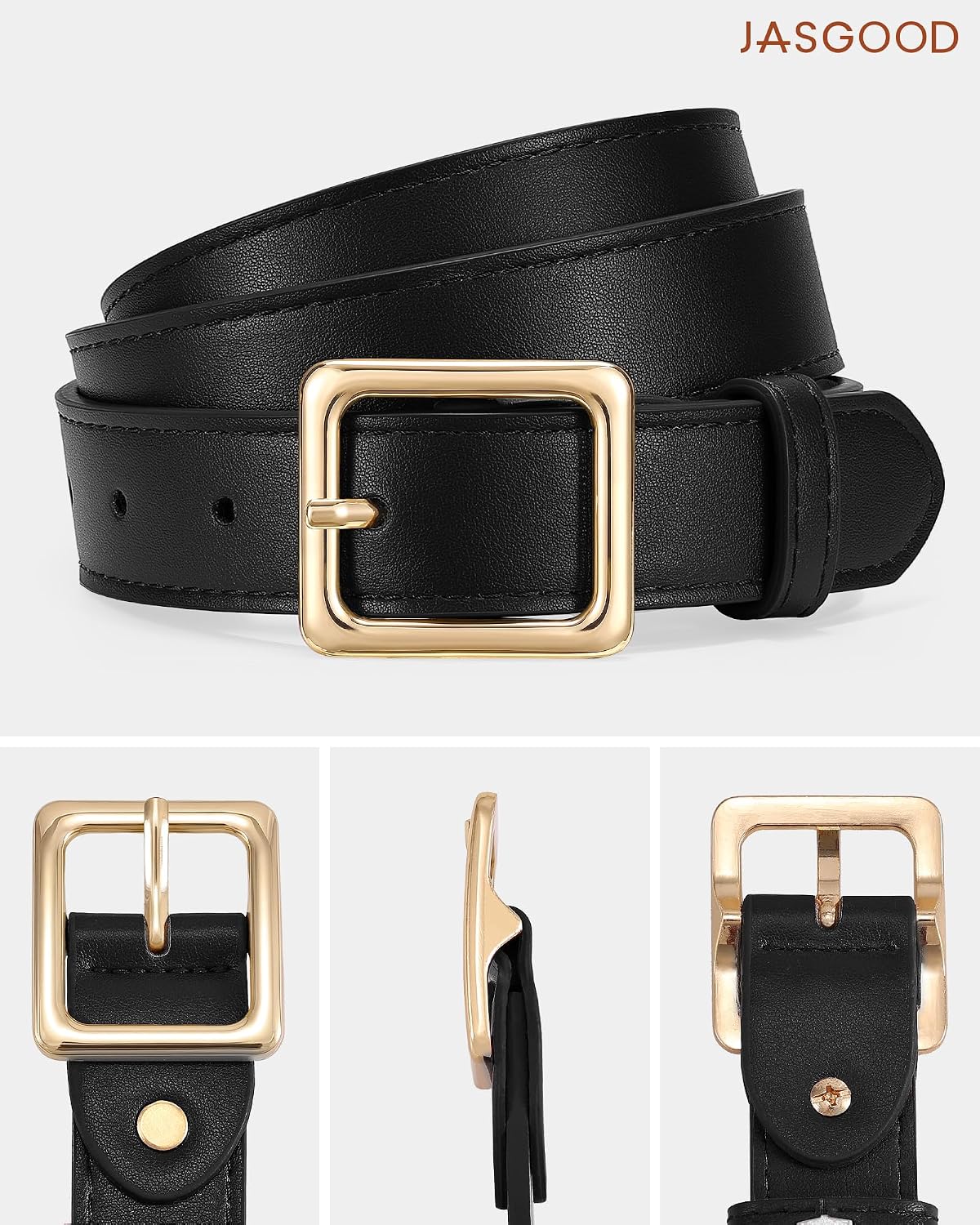 JASGOOD Women's Leather Belt with Gold Square Buckle Classic Ladies Black Belt for Jeans Pants Dresses