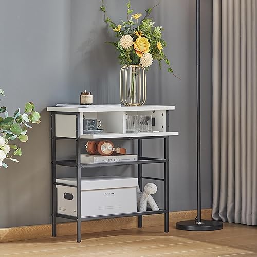 Miniatura 1 de AVZEAR Mesa auxiliar de sofá con puertos USB y tomas, mesa auxiliar estrecha con estante de almacenamiento, mesa auxiliar con estación de carga