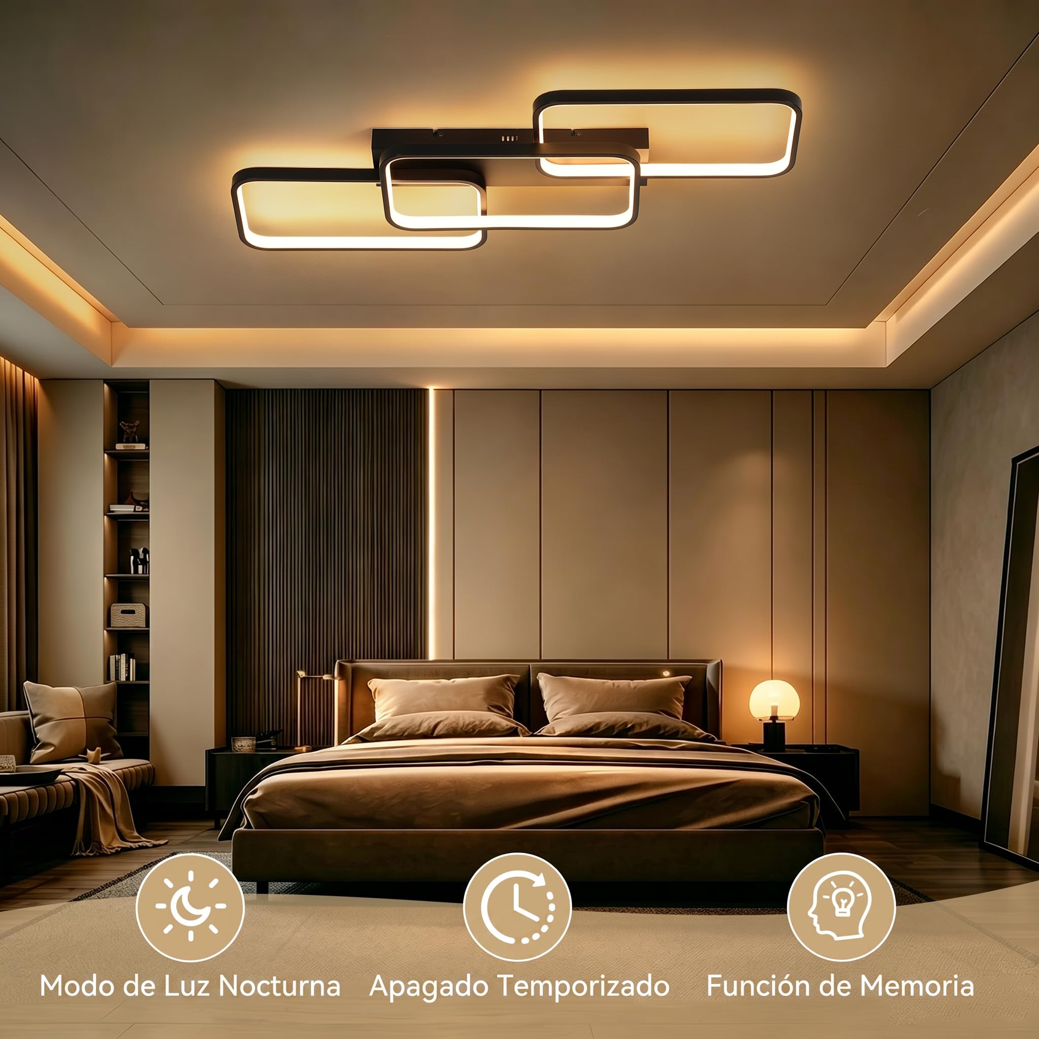 OTREN Lámpara Techo Salón Regulable Moderno 82cm 60W 6000LM, 3000K-6500K con Mando a Distancia, Plafón LED Negro con Memoria y Luz Nocturna para Dormitorio, Cocina y Comedor