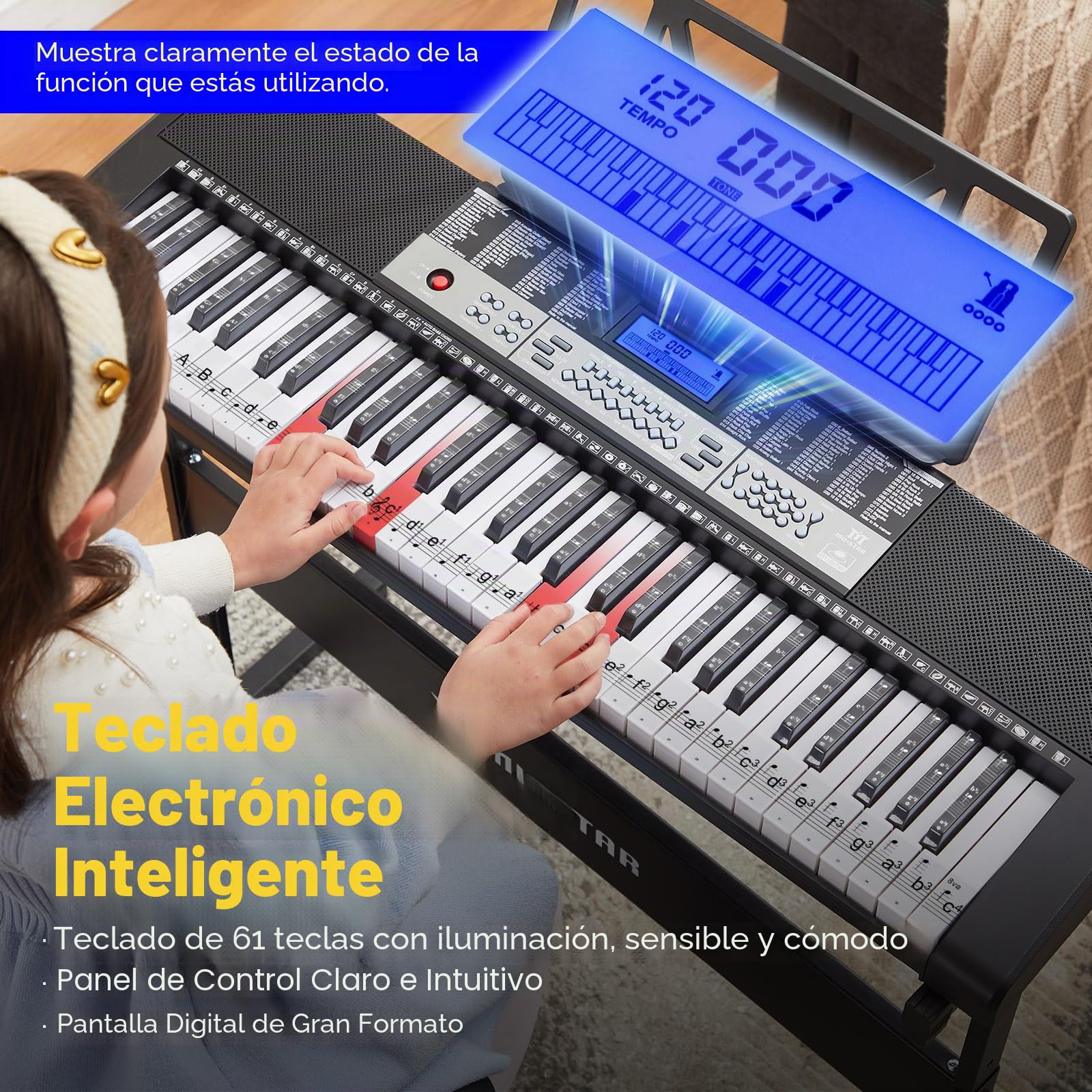 MUSTAR 61 Key Lighting Digital Piano con Función Táctil - Electrónico para Principiantes con Lecciones Inteligentes, Soporte, Taburete, Auriculares y Función USB