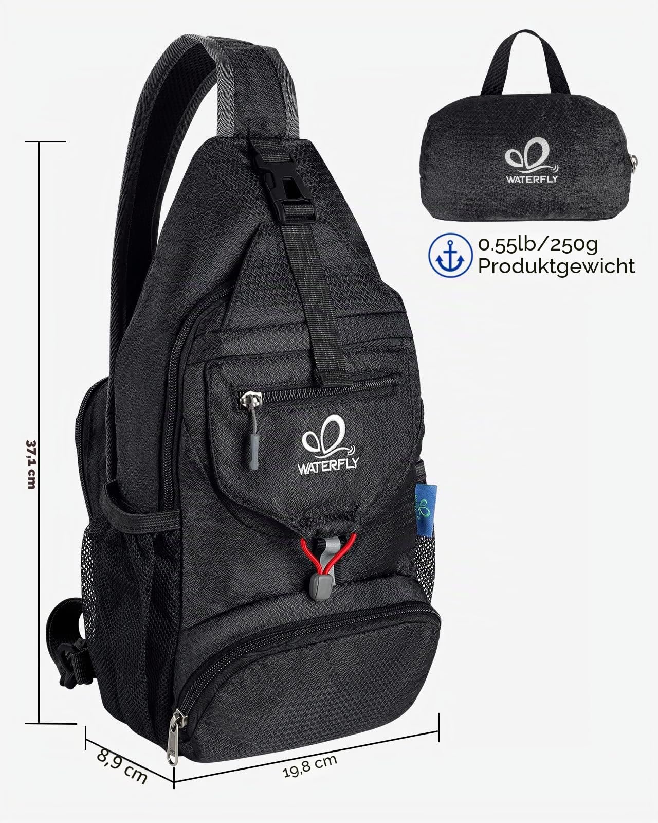 WATERFLY Brusttasche Sling Bag Klein: Faltbarer Herr Crossbody Bodybag Crossbag Slingbag Crossover Single Chest Rucksack Schultertasche Schulterrucksack Cross Body Herren Damen Reisen Wandern