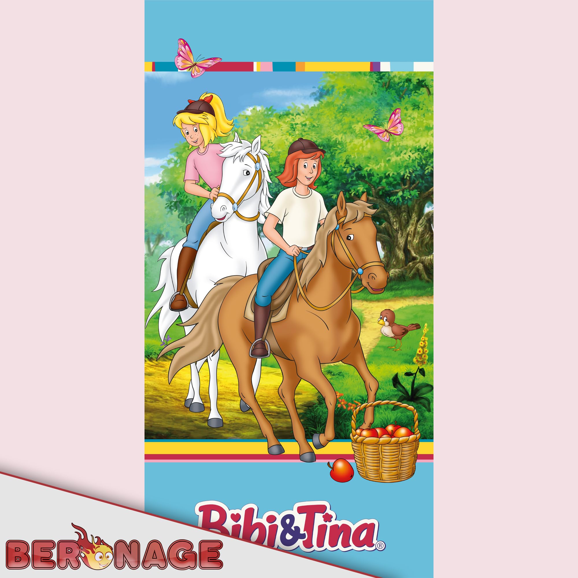 Bibi und Tina Kinder-Schlafsack – Freunde Blau/Rosa 140 cm + 30 cm (Kapuze) x 70 cm, ideal für Outdoor/Indoor, Mumienschlafsack für Mädchen mit den Pferden Sabrina & Amadeus mit Reißverschluss